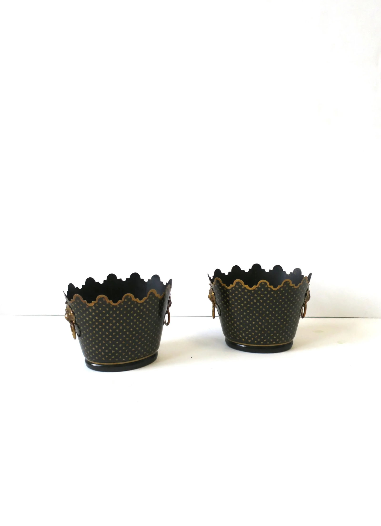 Italian Black & Gold Tole Cachepot Jardiniere Lion Head Planters, Pair - 4