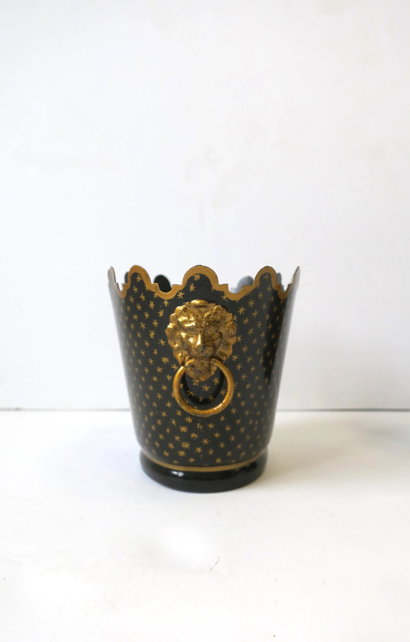 Italian Black & Gold Tole Cachepot Jardiniere Lion Head Planters, Pair - 5