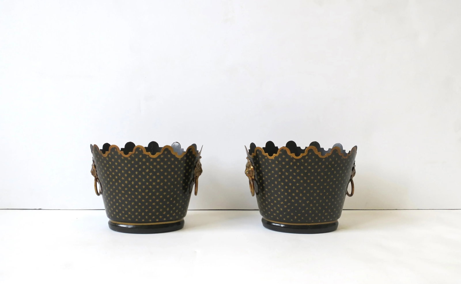 Italian Black & Gold Tole Cachepot Jardiniere Lion Head Planters, Pair - 7