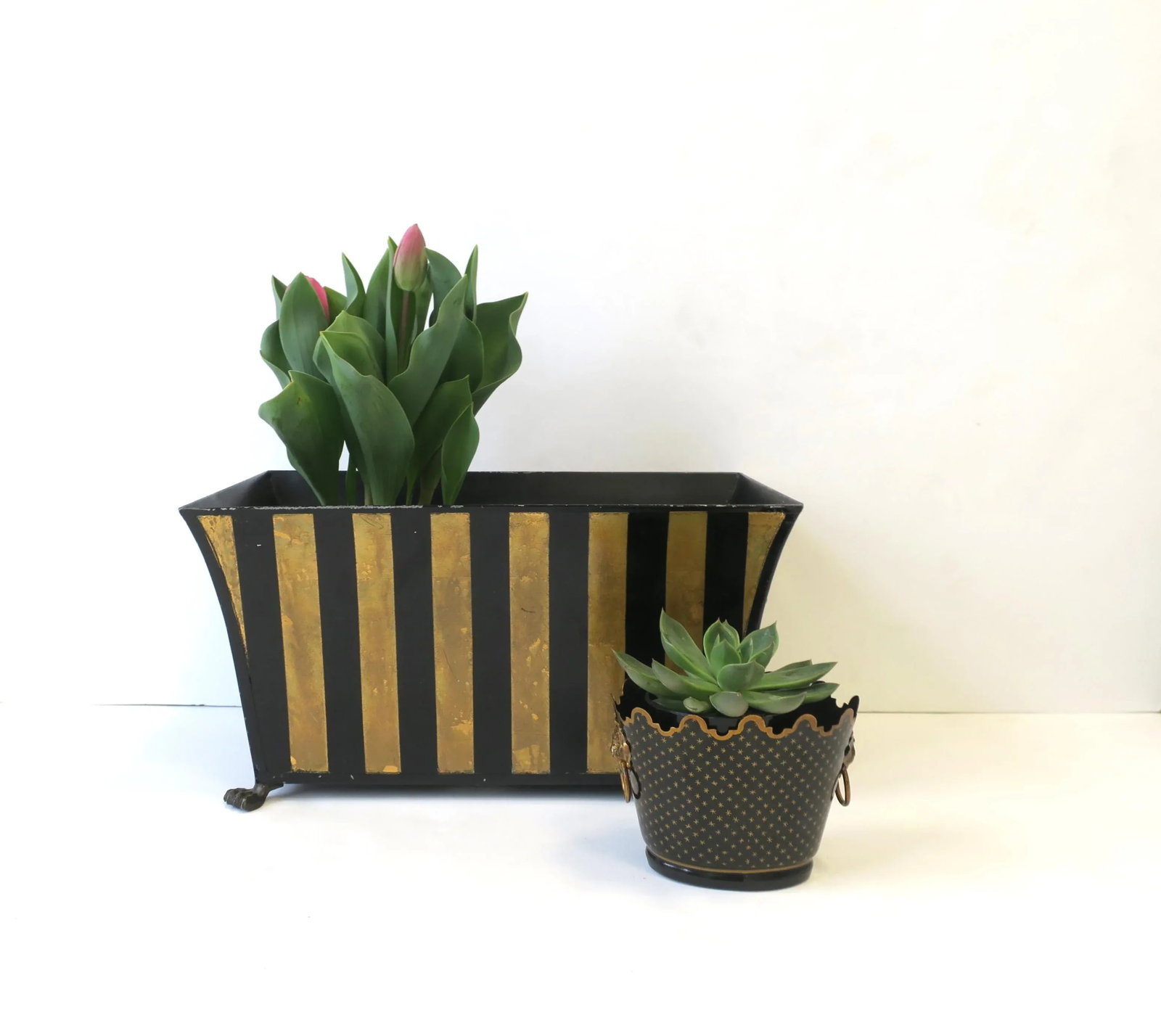 Italian Black & Gold Tole Cachepot Jardiniere Lion Head Planters, Pair - 9