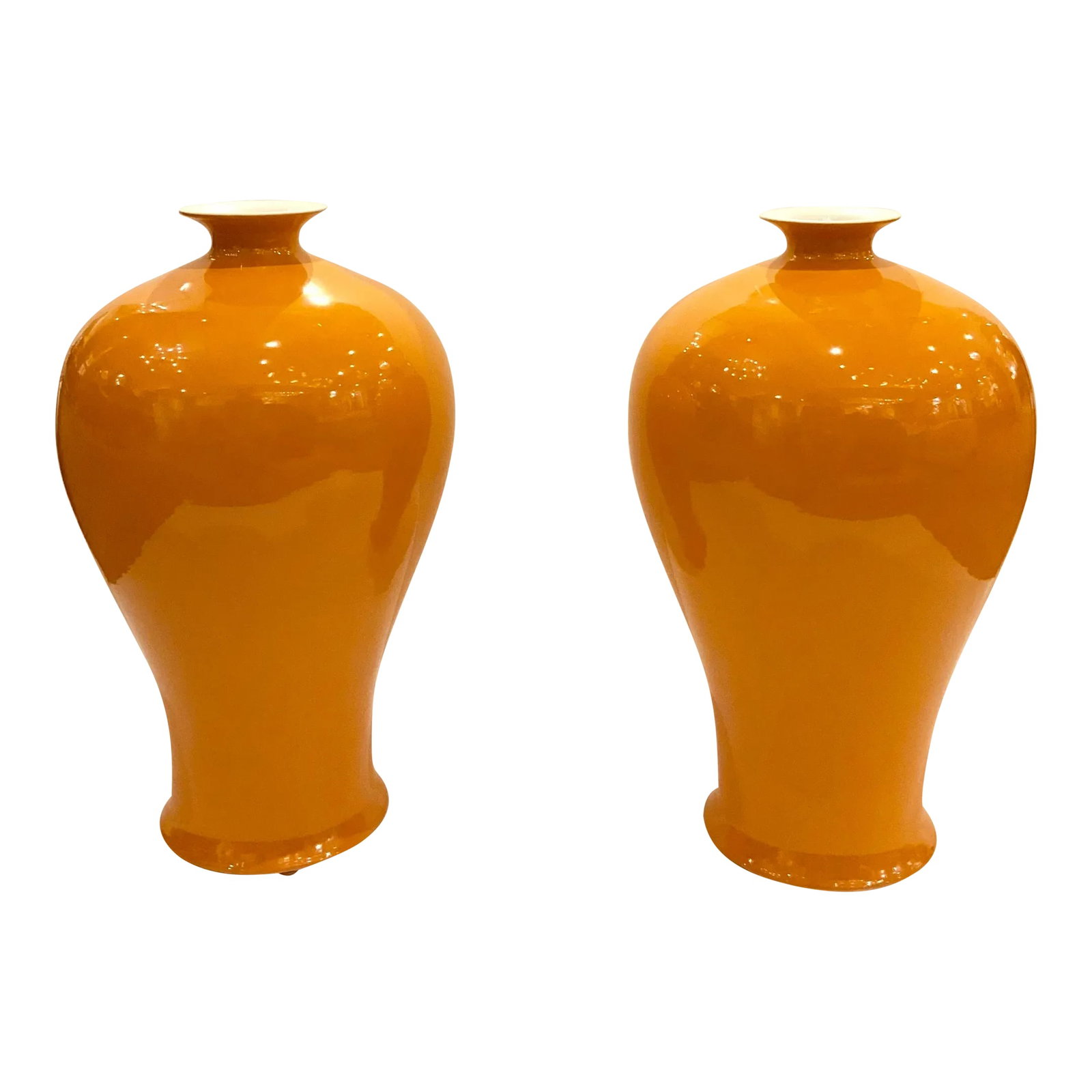 Medium Chinese Modern Mango Glaze Porcelain Vases Pair: Stylish Medium Chinese Modern Mango Glaze Porcelain Vases Pair, hand thrown, showroom floor samples Condition: Imperfections: Some Imperfections Condition Notes: Showroom floor sample, not brand new