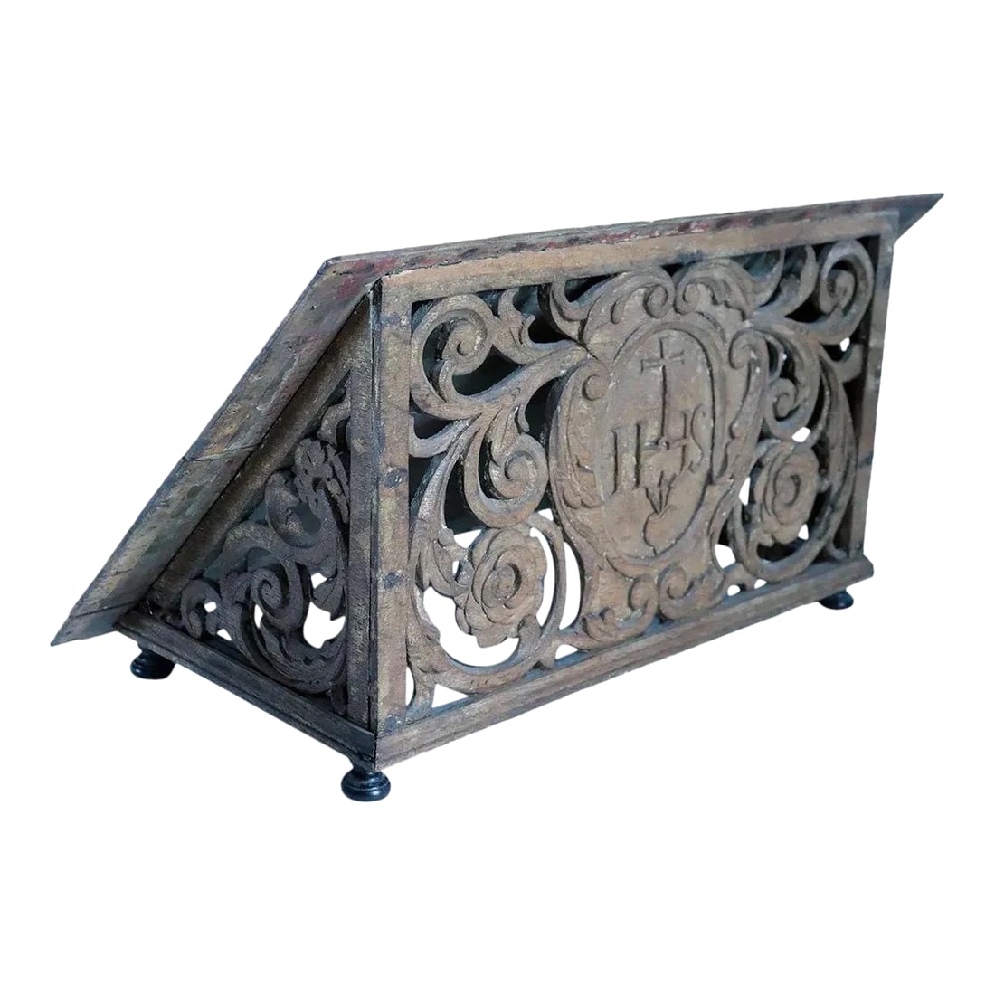Antique English Gothic Revival Painted Oak Table-Top Bible/Book Stand: DETAILS An antique slanted table-top lectern or missal stand. Handcarved with the Christian monogram for Christ IHS with the cross and sacred heart all within an oval reserve and surrounded by