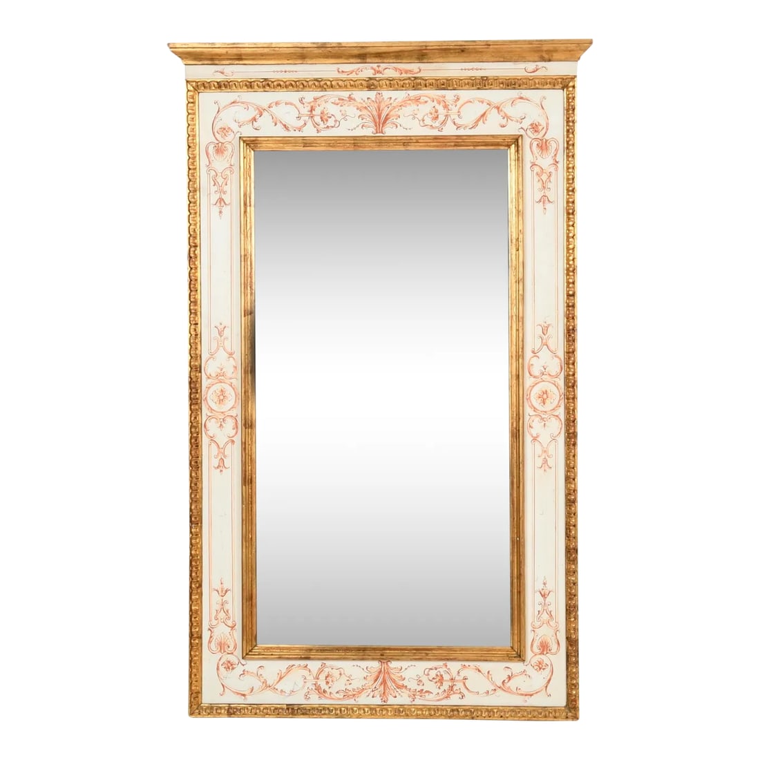 Vintage Neoclassical Style Italian Giltwood Mirror: A gorgeous Vintage Neoclassical Style Italian Giltwood Mirror with hand-painted floral, foliate, and scroll decoration in a brick red, blush, and off white color palette. Add this grand item to