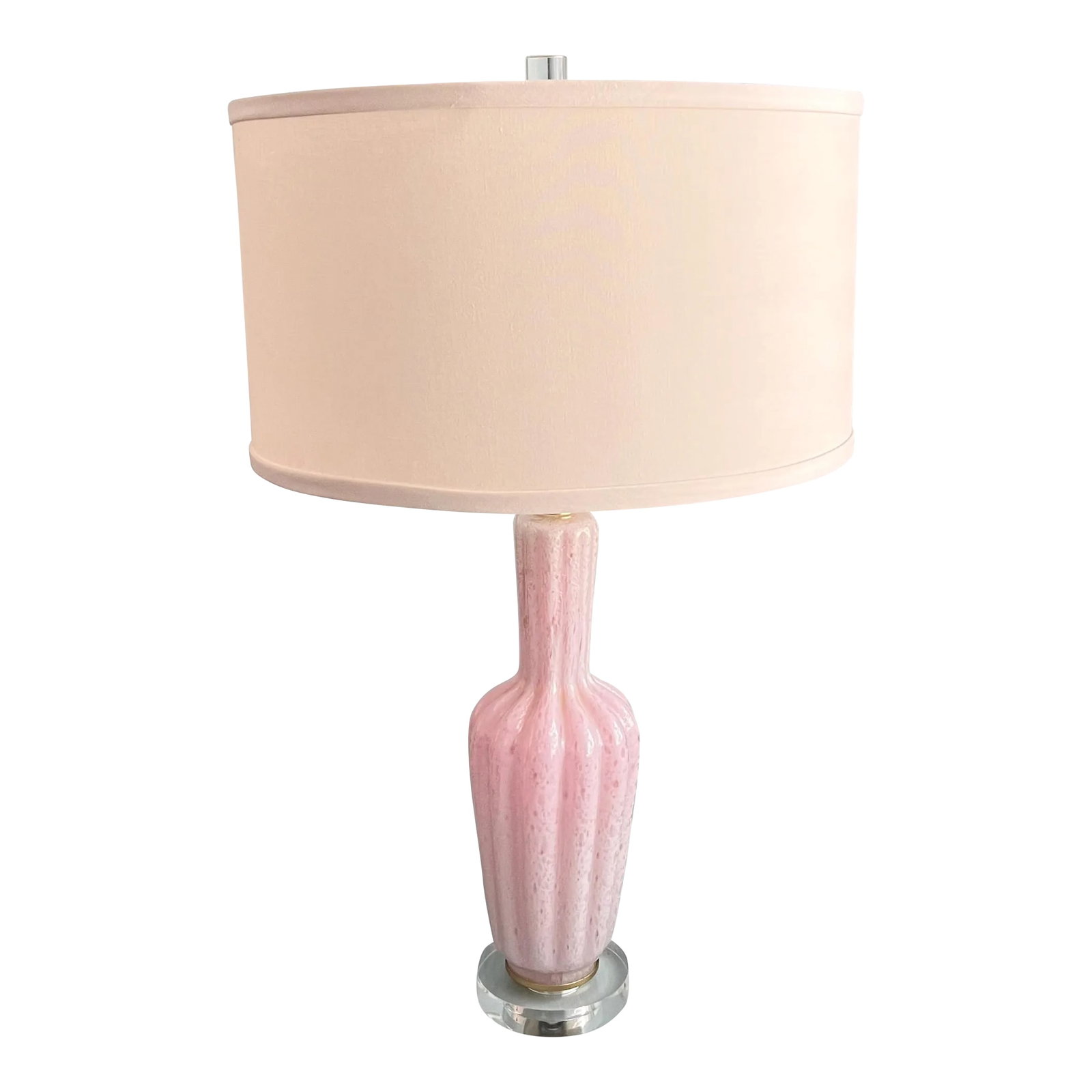 Mid 20th Century Pink Murano Attributed Glass Lamp With Lucite Base: A fresh take on a vintage pink Murano attributed glass lamp with new wiring, shade, lucite base and finial. Condition: Alterations: Original Condition Unaltered Imperfections: Some Imperfections Condi