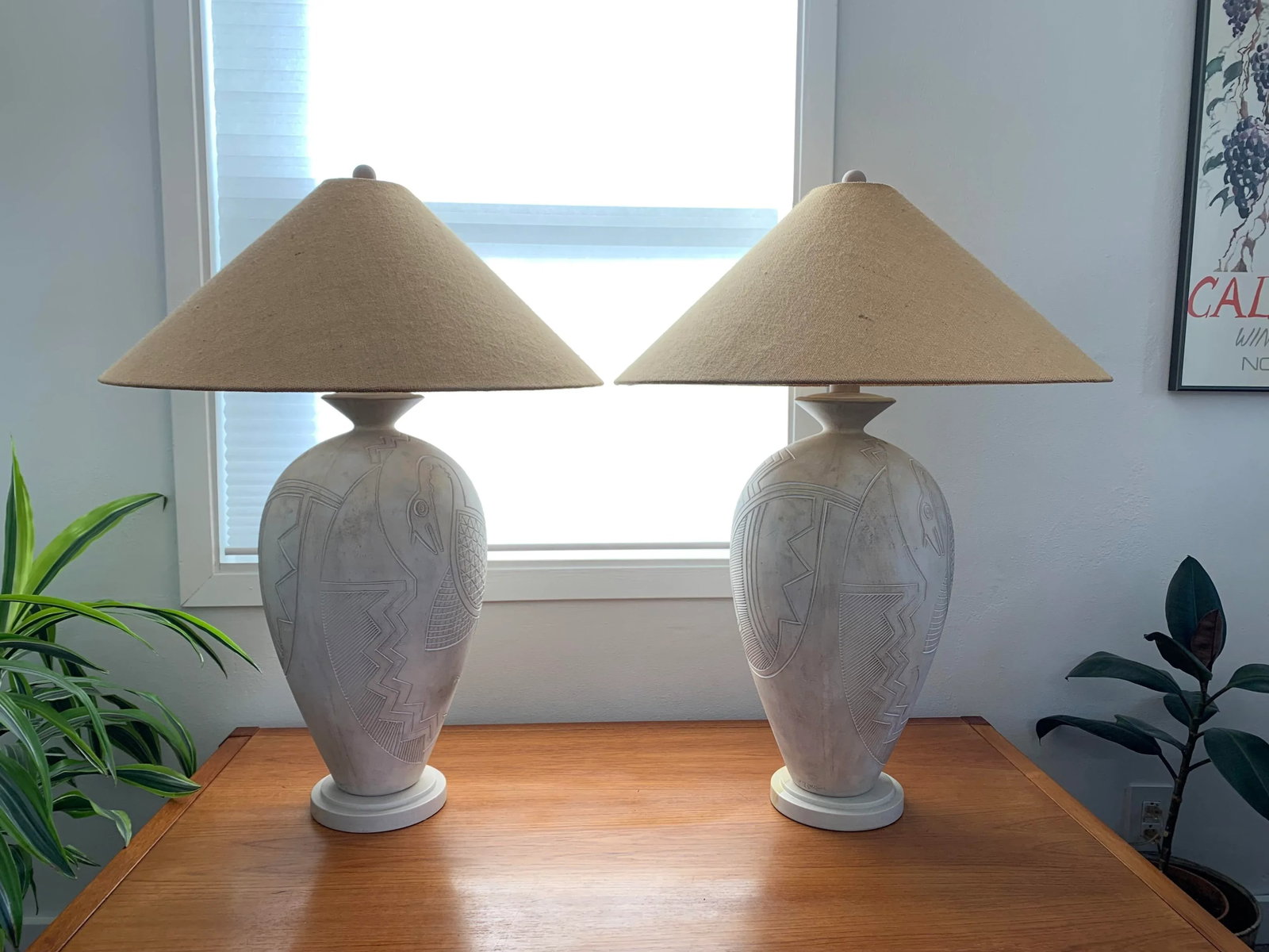 1980s Vintage Casual Lamps of California Tribal Bird Abstract White Plaster Lamps- a Pair - 13