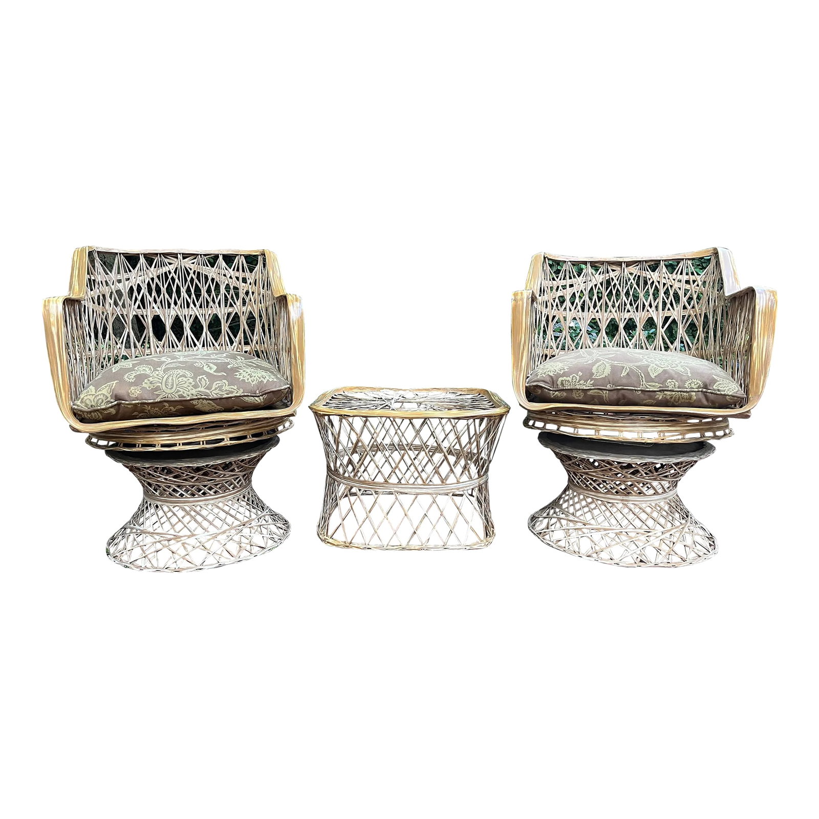 Pair of Russell Woodard Chairs and Side Table in a Bamboo Colored Finish: This Russell Woodard set is perfect for an outdoor seating area. The finish on the pieces makes them have a Palm Beach bamboo look which is so classic. The chairs both swivel and rock and come with