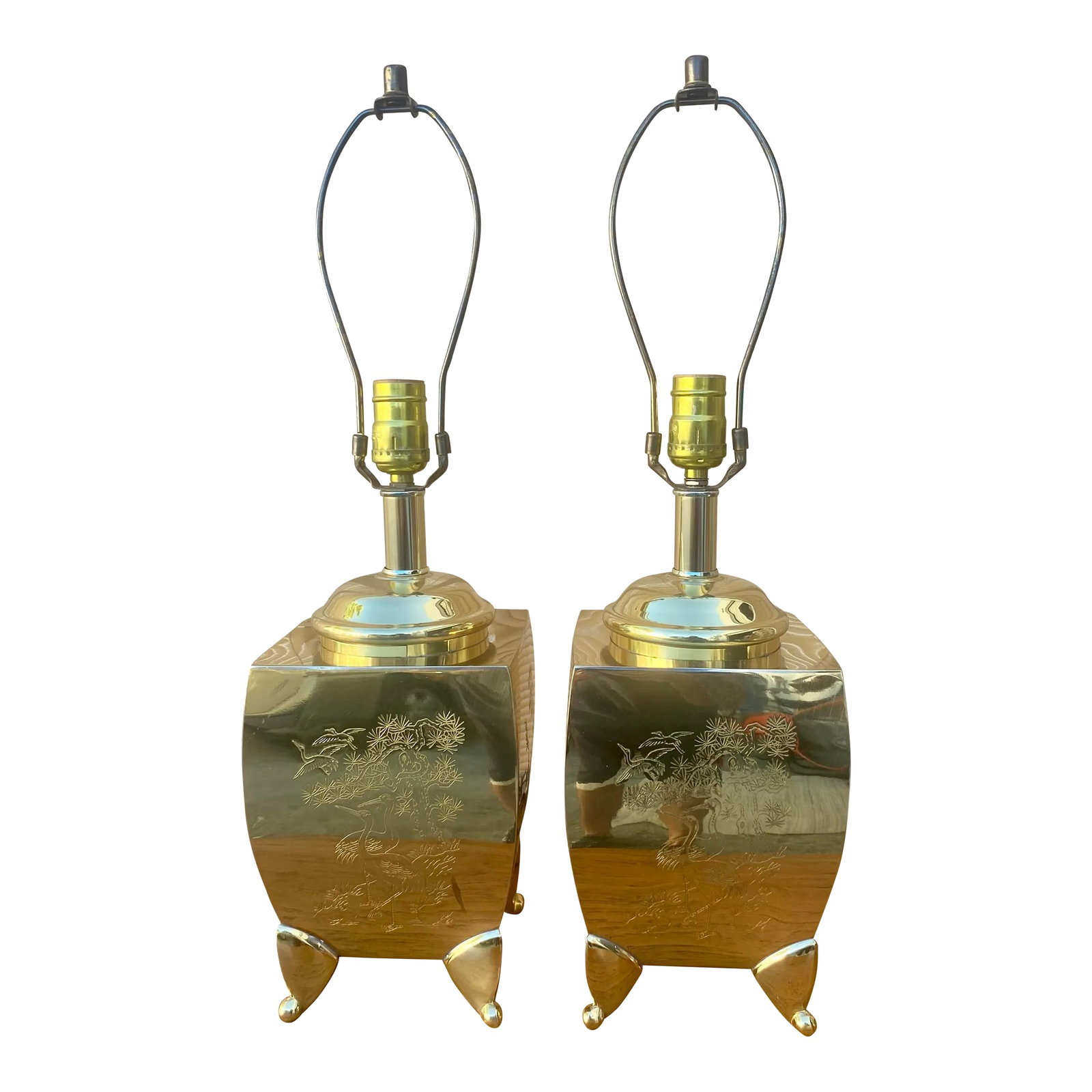 1970s Brass Chinoiserie Lamps - a Pair: Pair of Chinoseire Lamps carve each side with a different illustration of Chinese scenery, small measure as 6" wide and deep and big shades ( shades are good condition but fabric have many stains.