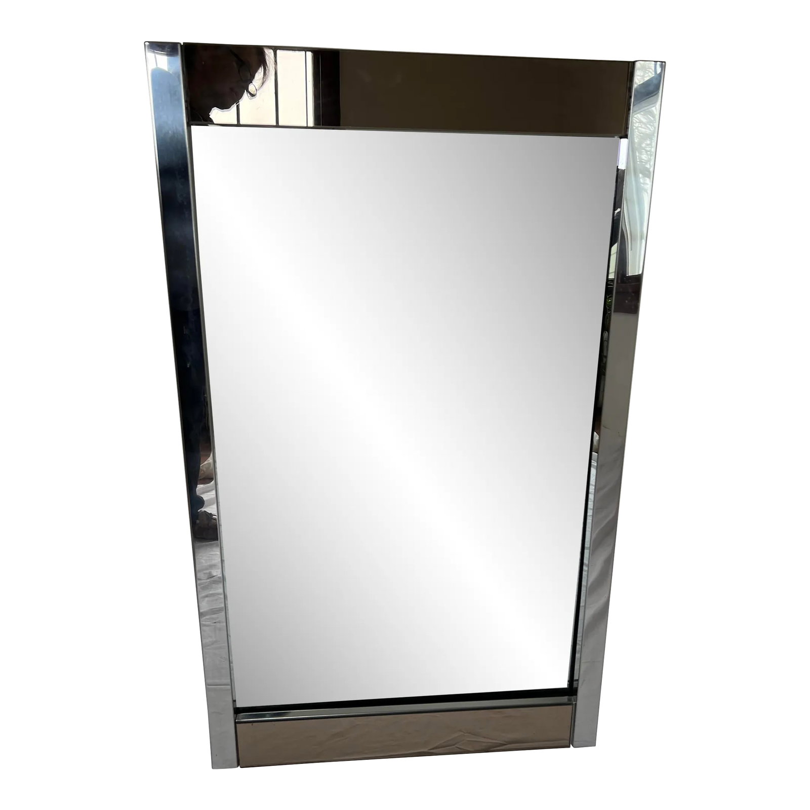 Vintage 1970s Ello Hollywood Regency Mirror With Chrome and Mauve Glass Border: Very well made, heavy 1970's Ello Mirror with Chrome trim on the uprights and subtle mauve reverse painted glass on the top and bottom. In overall very good condition. I also have another mirror, a ma