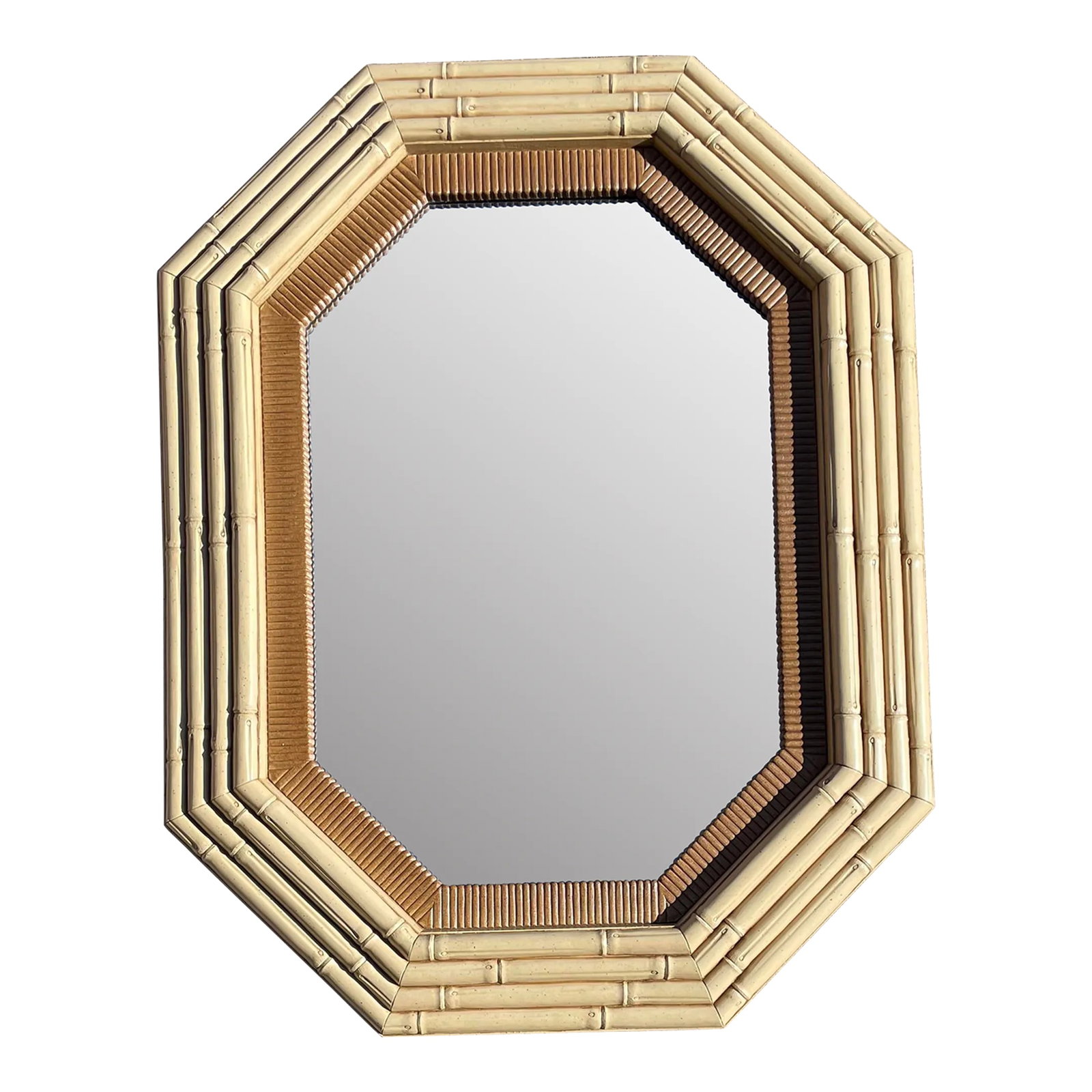 Faux Bamboo Octagonal Mirror: Mid Century Modern octagonal stacked faux bamboo mirror. Can be hung vertical or horizontal. Condition: Alterations: Original Design Modified Imperfections: Some Imperfections Condition Notes: No chip