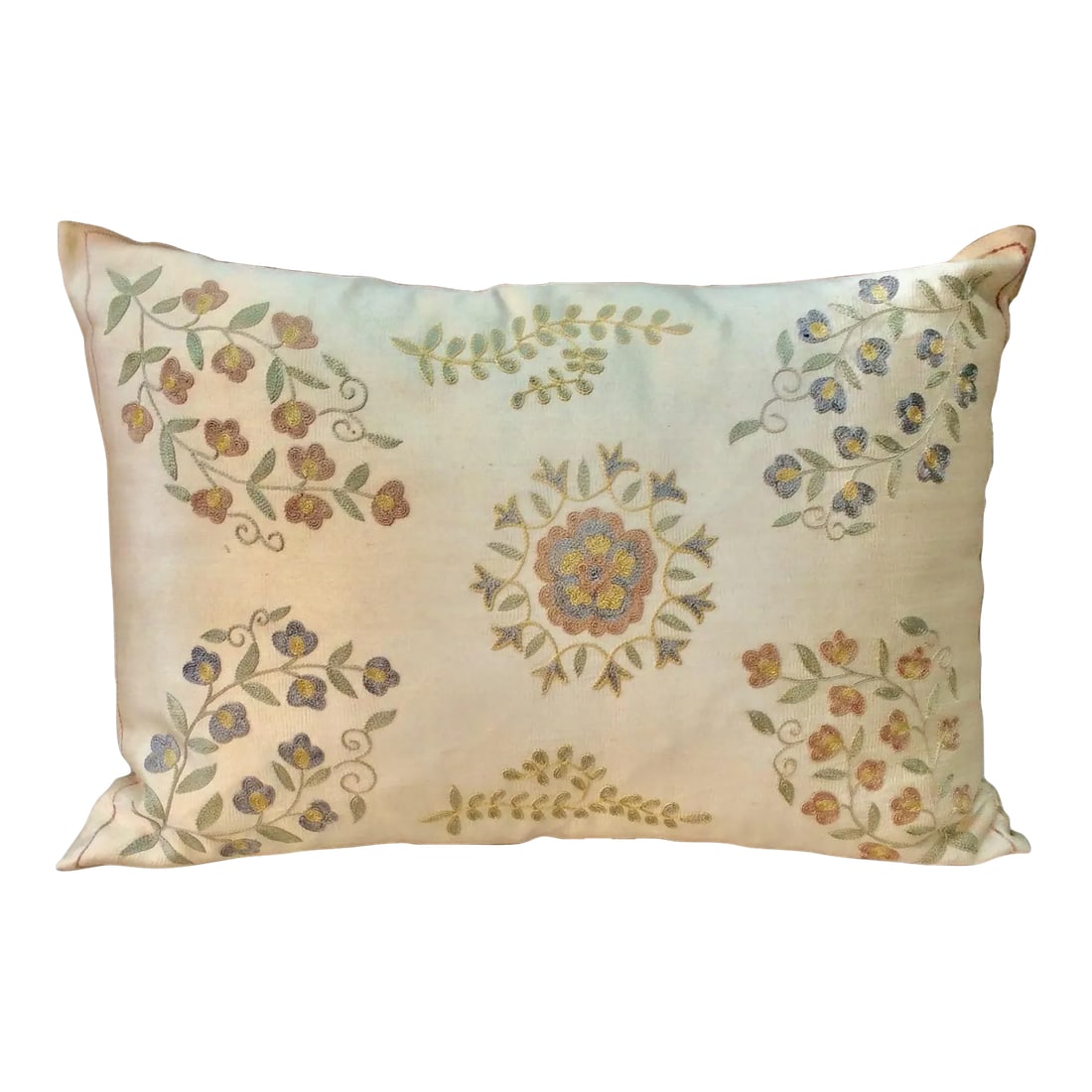 Turkish Hand Embroidered Silk Suzani Pillow: This Hand Embroidered Suzani Pillow features handwoven silk threads in warm greens, tans and yellows colored in natural dyes. The tan backing is constructed with a hidden zipper closure for the down p