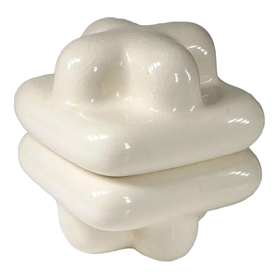 Designer Pop Art Ceramic Puffy Mod Box W/Crackle Glaze: Super cool designer mystery piece...maker not known, but guesstimated to be 1990s vintage. Funky pop art cast ceramic trinket box with a 'plus' or tic-tac-toe "X" symbol, top and bottom, but with an u