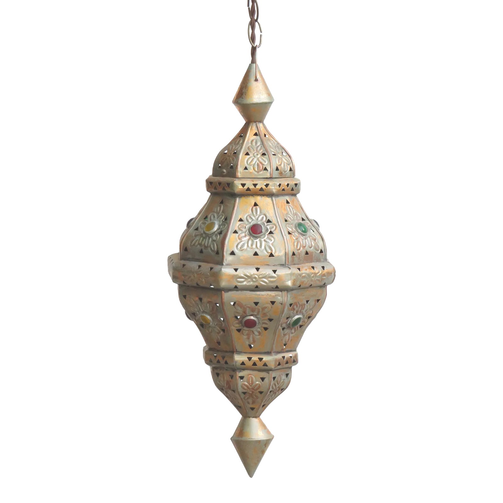 Vintage Moroccan Pierced Metal & Glass Jewel Lantern Pendant Light Fixture (1 of 5)