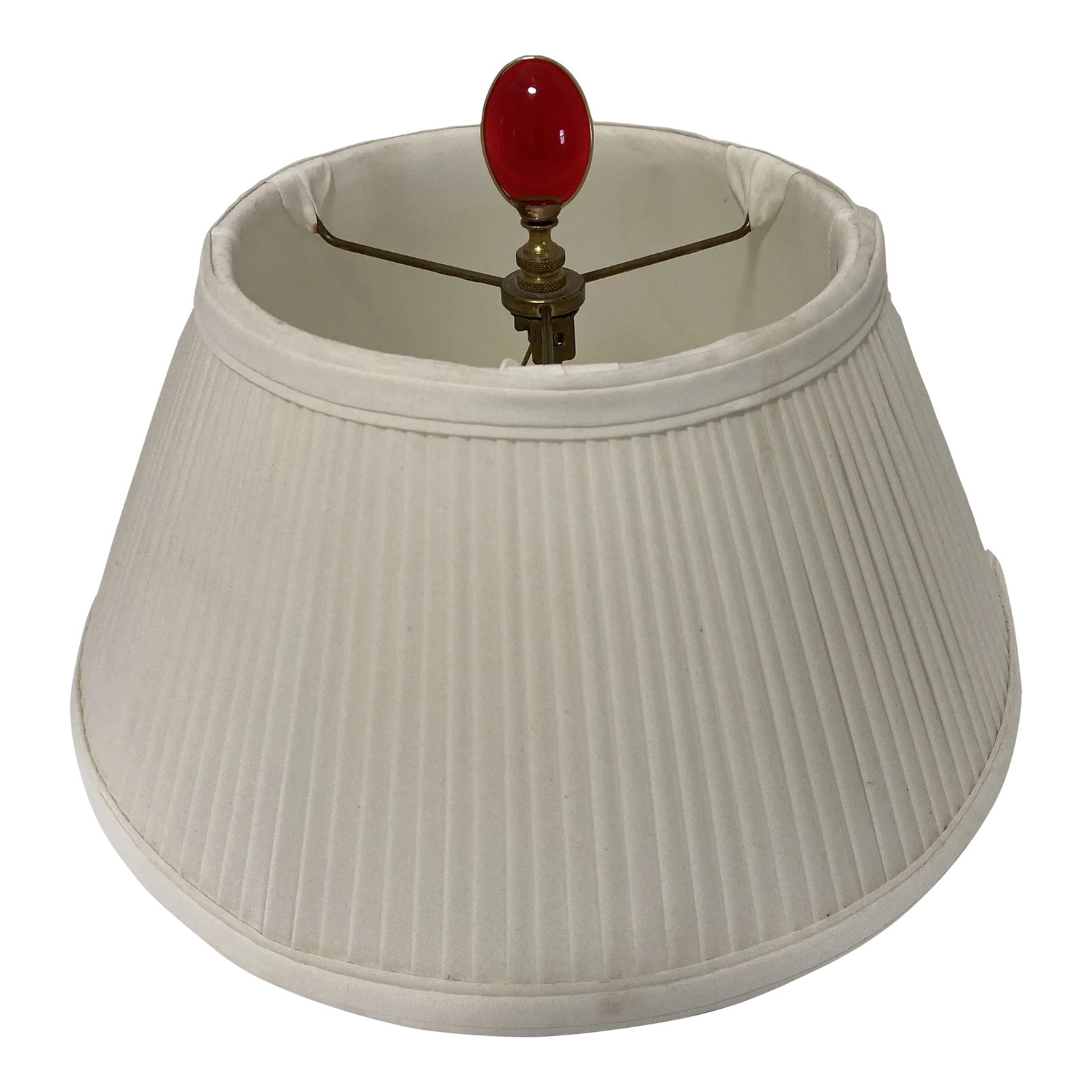 Mid 20th Century Custom Silk Lamp Shade Clip on & Ruby Red Finial: Vintage custom designer tailored silk pleated lamp shade With Ruby red finial Does not come off It is rounded in 1 side. Flat in other Has clip on for light bulb Minor wear enlarge all pictures No rip