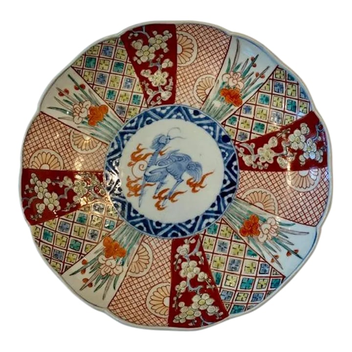 Antique Late 19th Century Japanese Imari Style Scalloped Plate With Kirin: Gorgeous Plate with a Kirin surrounded by Sacred Fire. The Japanese Kirin represents Justice, Peace, Wisdom and Purity. The surrounding 4 panels are a Nabeshima style of Imari depicting pictures of