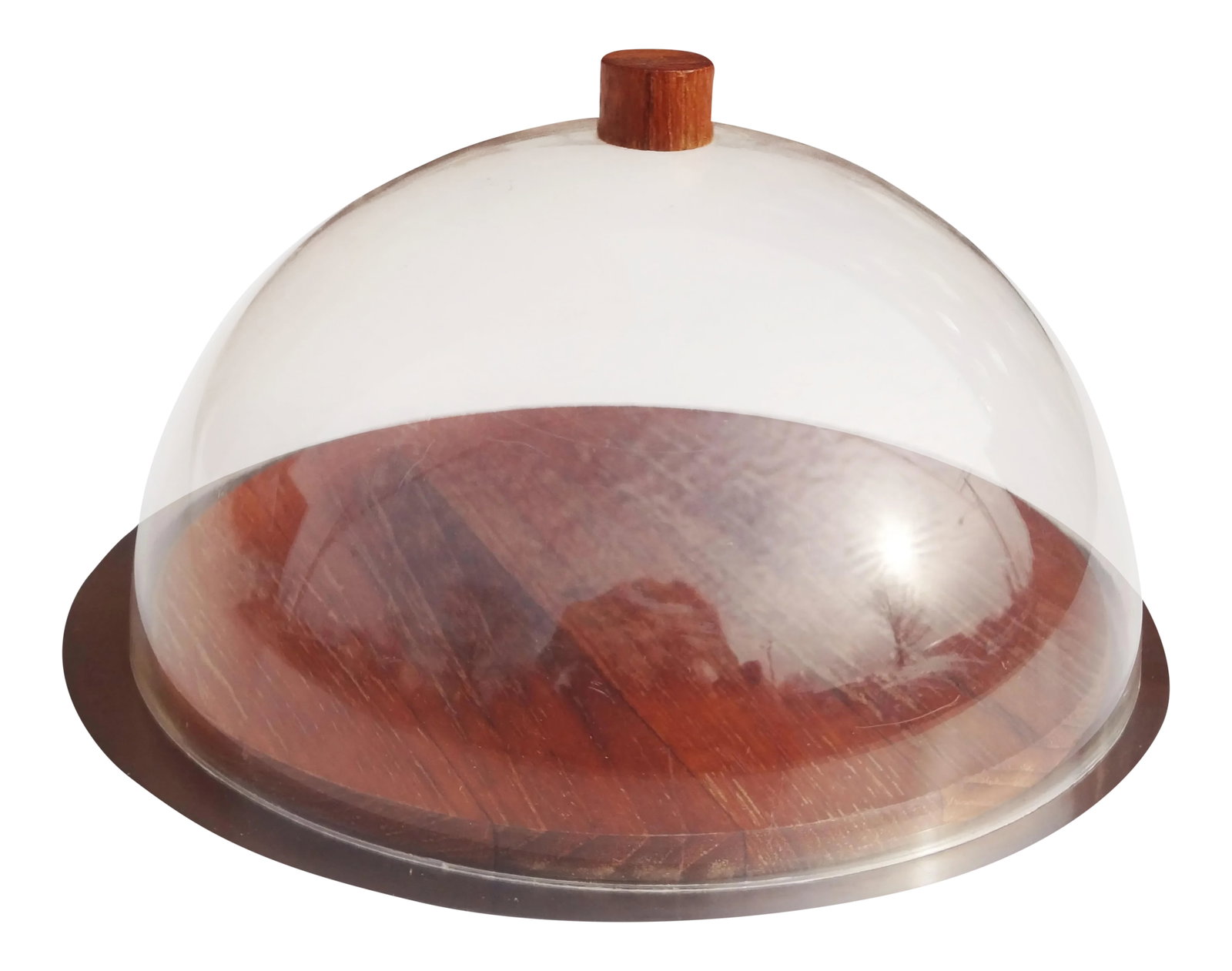 Round Domed Teak Charcuterie Board by Stelton Denmark: Denmark, 1960s Attractive mod domed teak cheese plate or charcuterie board made by Stelton Denmark. Plate is in three parts- a lucite dome with a cylindrical teak accent handle; the teak board insert;