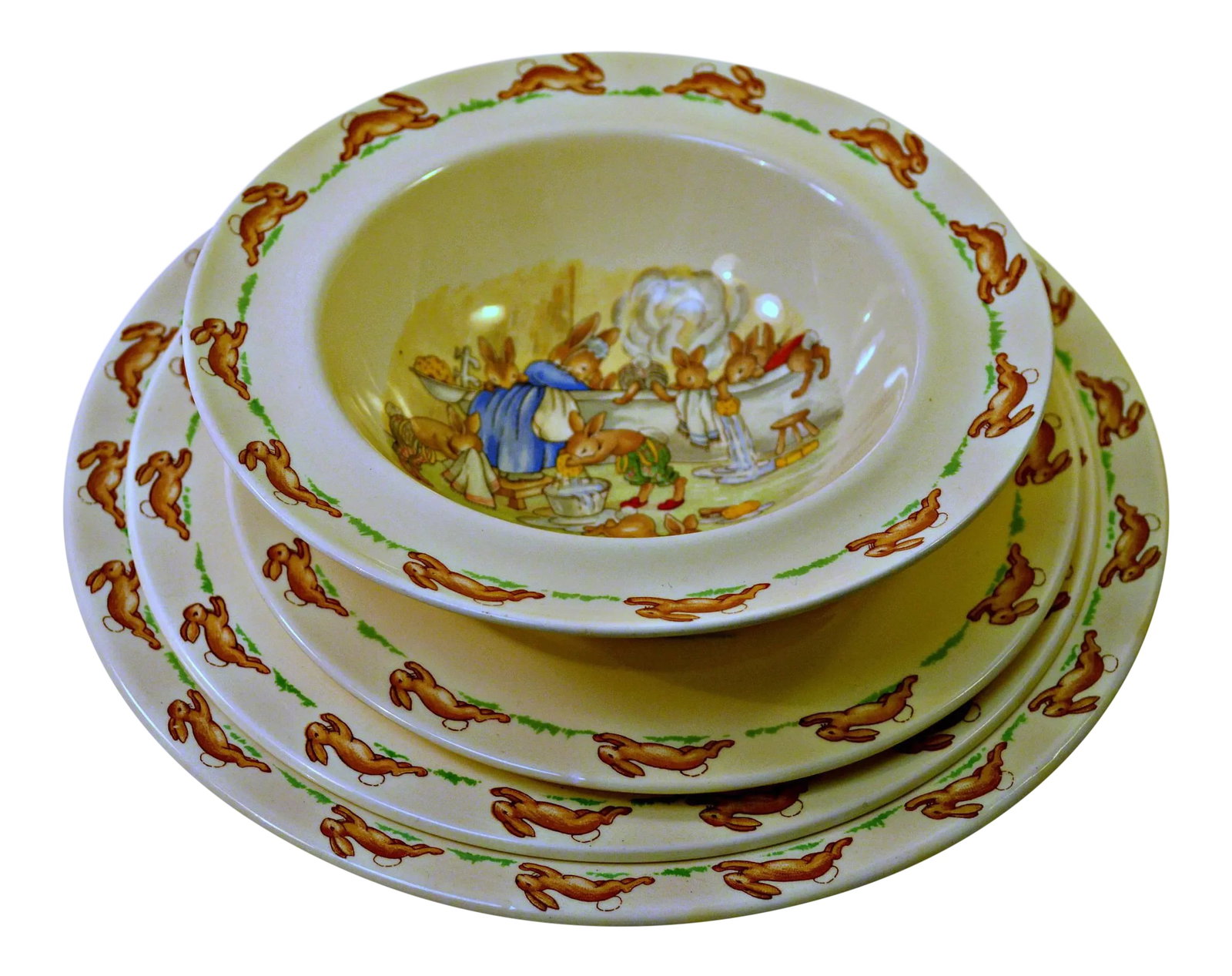 Vintage Kids Dinner Set: Rim fruit/dessert (sauce) bowl in Bunnykins (Albion Shape) by Royal Doulton/Bathtime Pattern/6.5"D Bread & butter plate in Bunnykins (Albion Shape) by Royal Doulton/TV Time Pattern/6.5"D Dessert/pie p