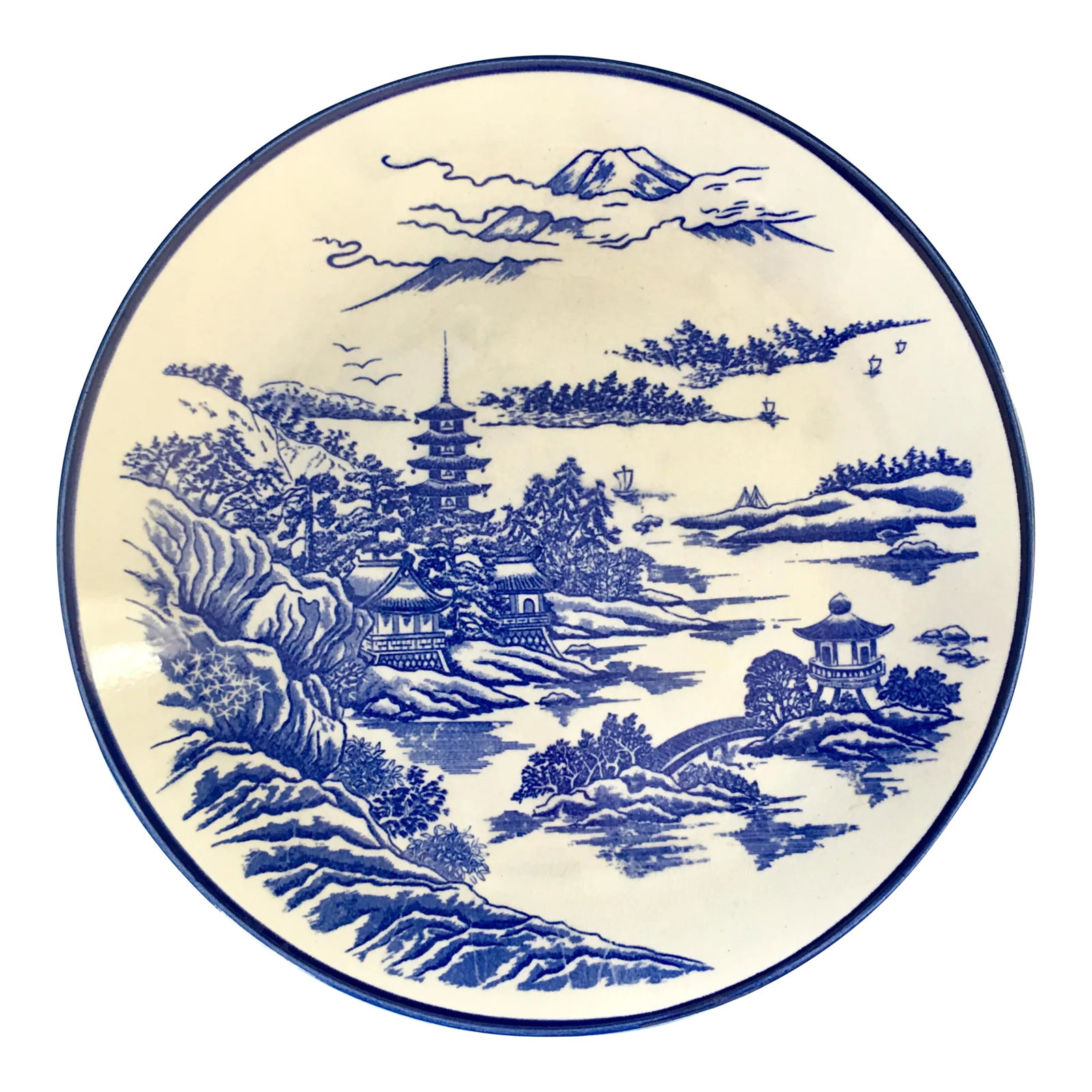 1980s Vintage Chinoiserie Ceramic Plate: Classic blue and white large chinoiserie plate depicting the Japanese countryside. Great on a wall or table. Condition: Alterations: Original Condition Unaltered Imperfections: Some Imperfections