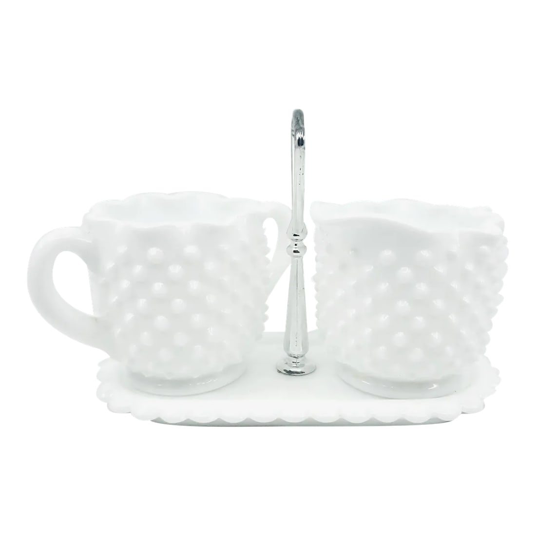 Mid 20th Century Hobnail Ruffled Edge Fenton Cream and Sugar Set With Caddy- 3 Pieces: Hobnail Ruffled Edge Fenton Cream and Sugar Set with Caddy. Mid-century Fenton milk glass, hobnail and scalloped edges. Tray has silver tone handle. No cracks or chips, excellent condition. Specs: Cre
