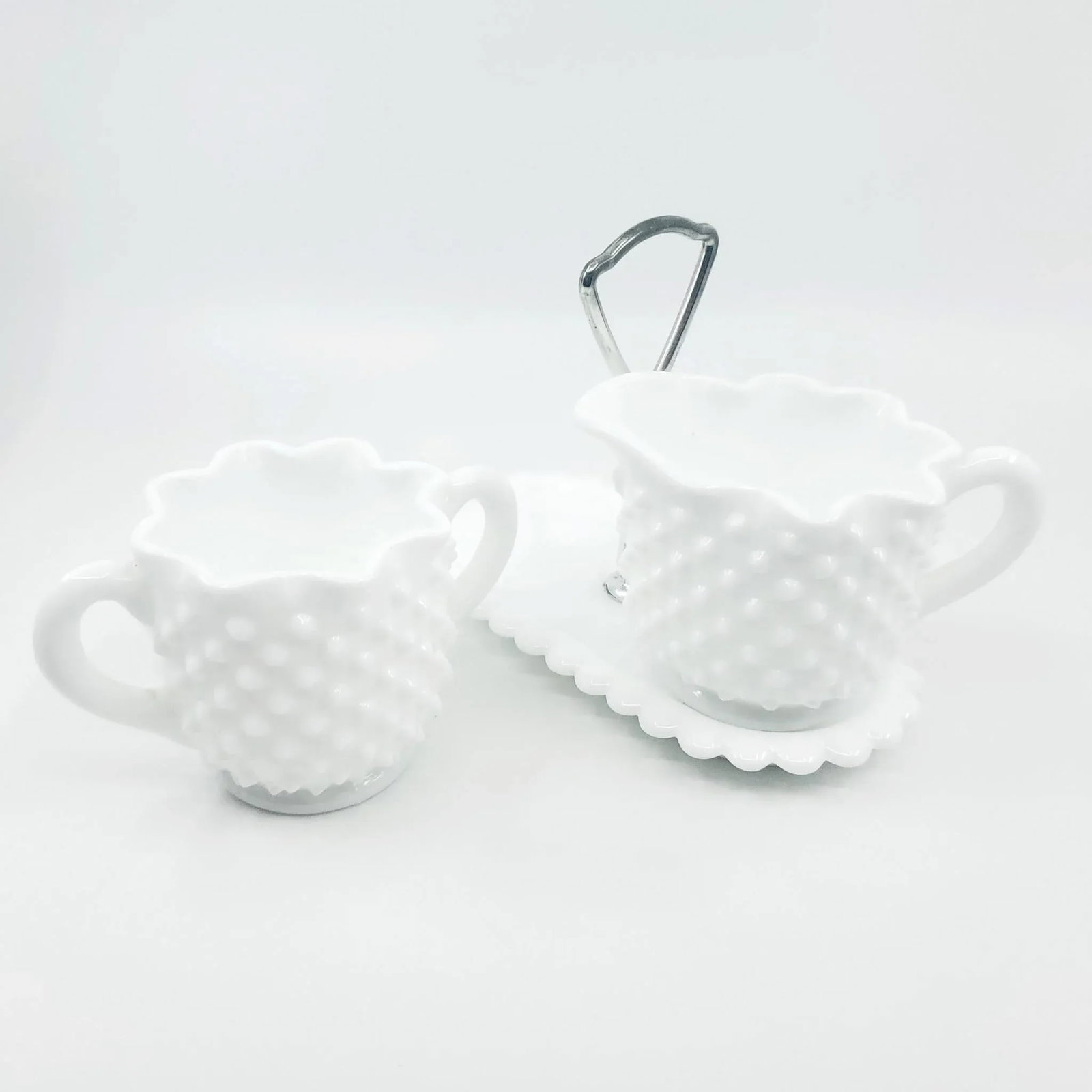 Mid 20th Century Hobnail Ruffled Edge Fenton Cream and Sugar Set With Caddy- 3 Pieces - 2