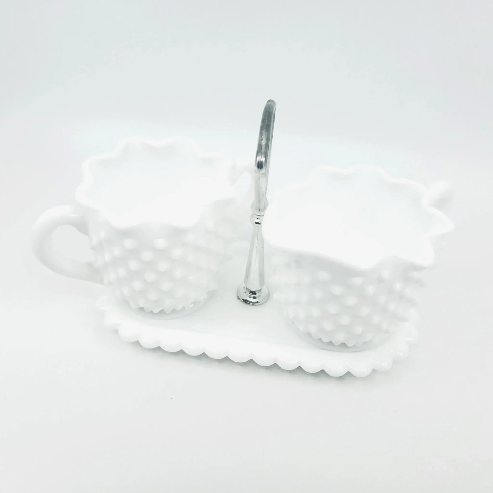 Mid 20th Century Hobnail Ruffled Edge Fenton Cream and Sugar Set With Caddy- 3 Pieces - 3