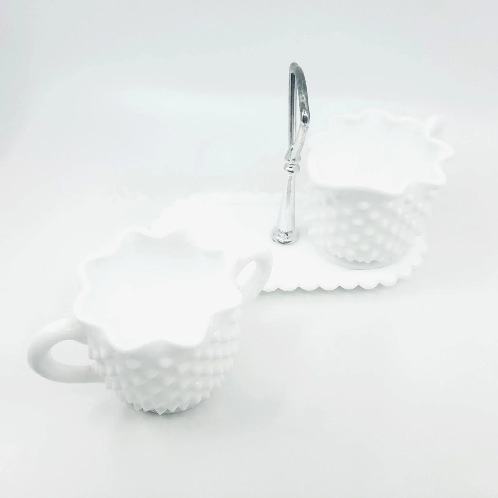Mid 20th Century Hobnail Ruffled Edge Fenton Cream and Sugar Set With Caddy- 3 Pieces - 4