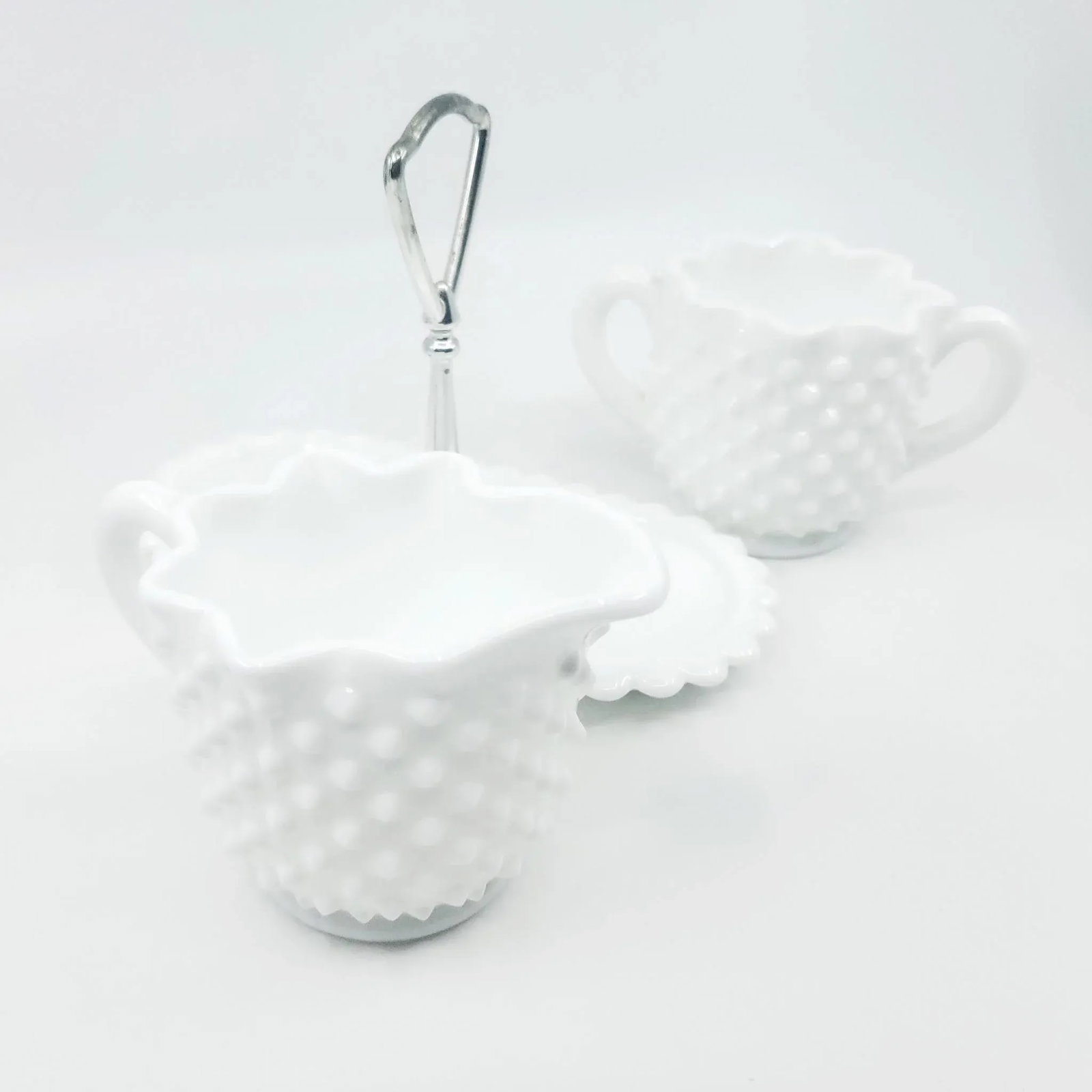 Mid 20th Century Hobnail Ruffled Edge Fenton Cream and Sugar Set With Caddy- 3 Pieces - 5