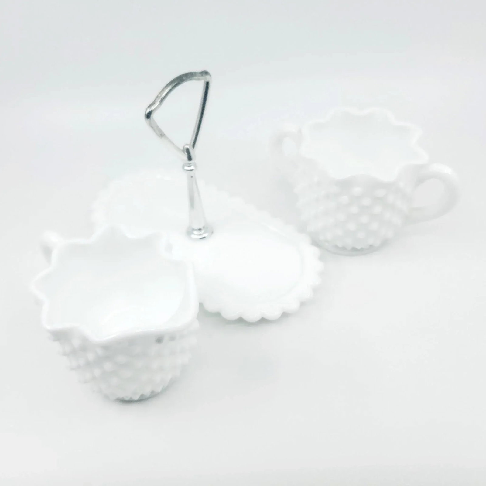 Mid 20th Century Hobnail Ruffled Edge Fenton Cream and Sugar Set With Caddy- 3 Pieces - 6