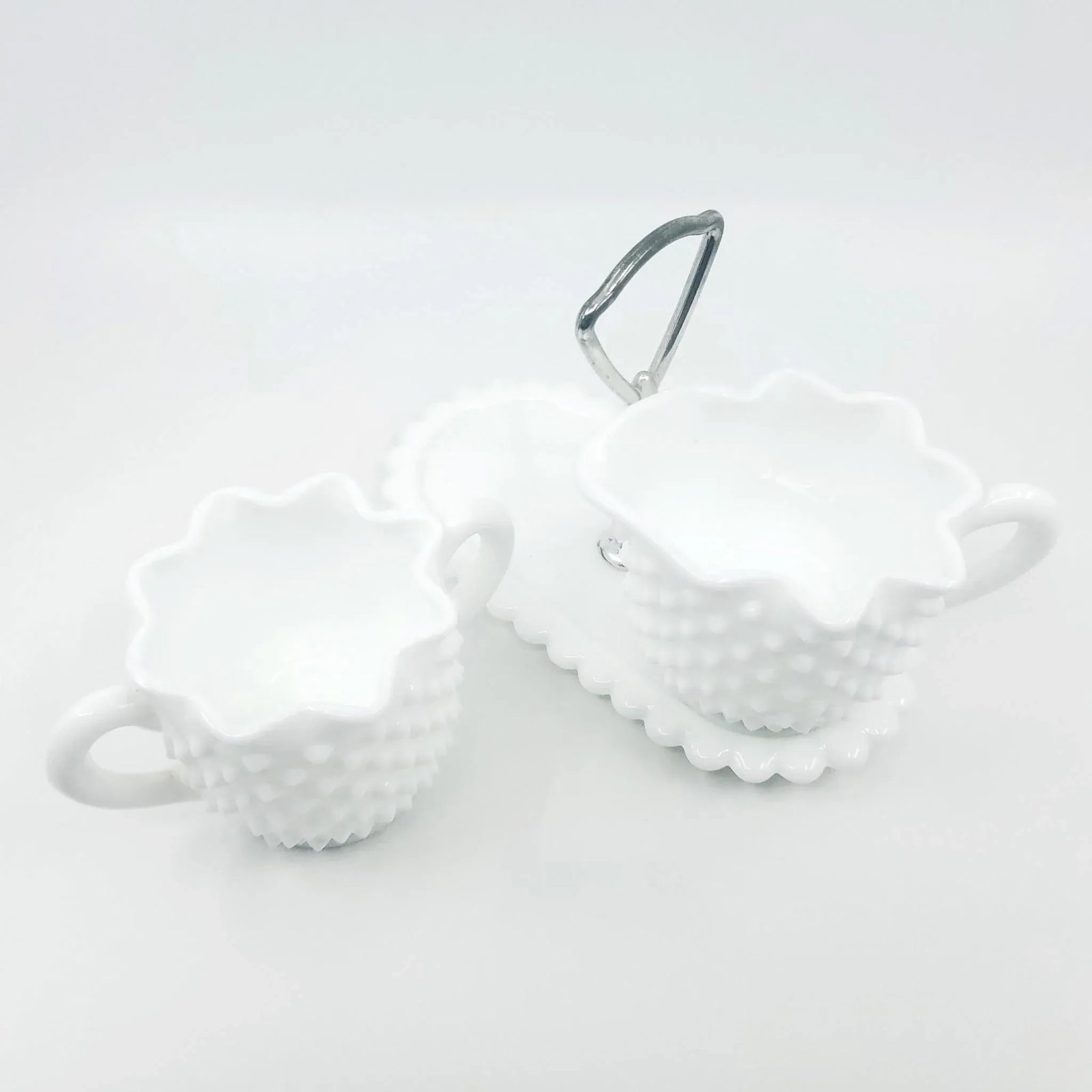 Mid 20th Century Hobnail Ruffled Edge Fenton Cream and Sugar Set With Caddy- 3 Pieces - 7