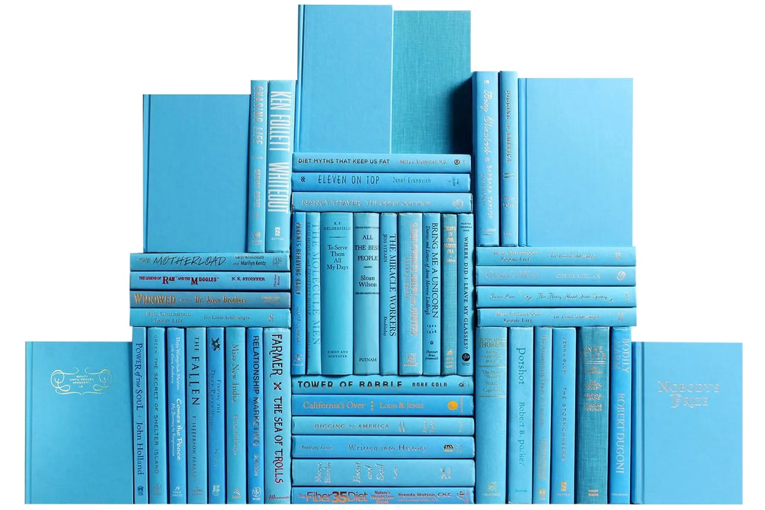 Decorative Books - Sky Book Wall - Set of 50 Blue Books: The Modern Sky Blue Book Wall combines fifty decorative books in a beautifully patterned blend of cerulean (light) blue to create this stunning signature B&W collection. Sky hued decorative books incl