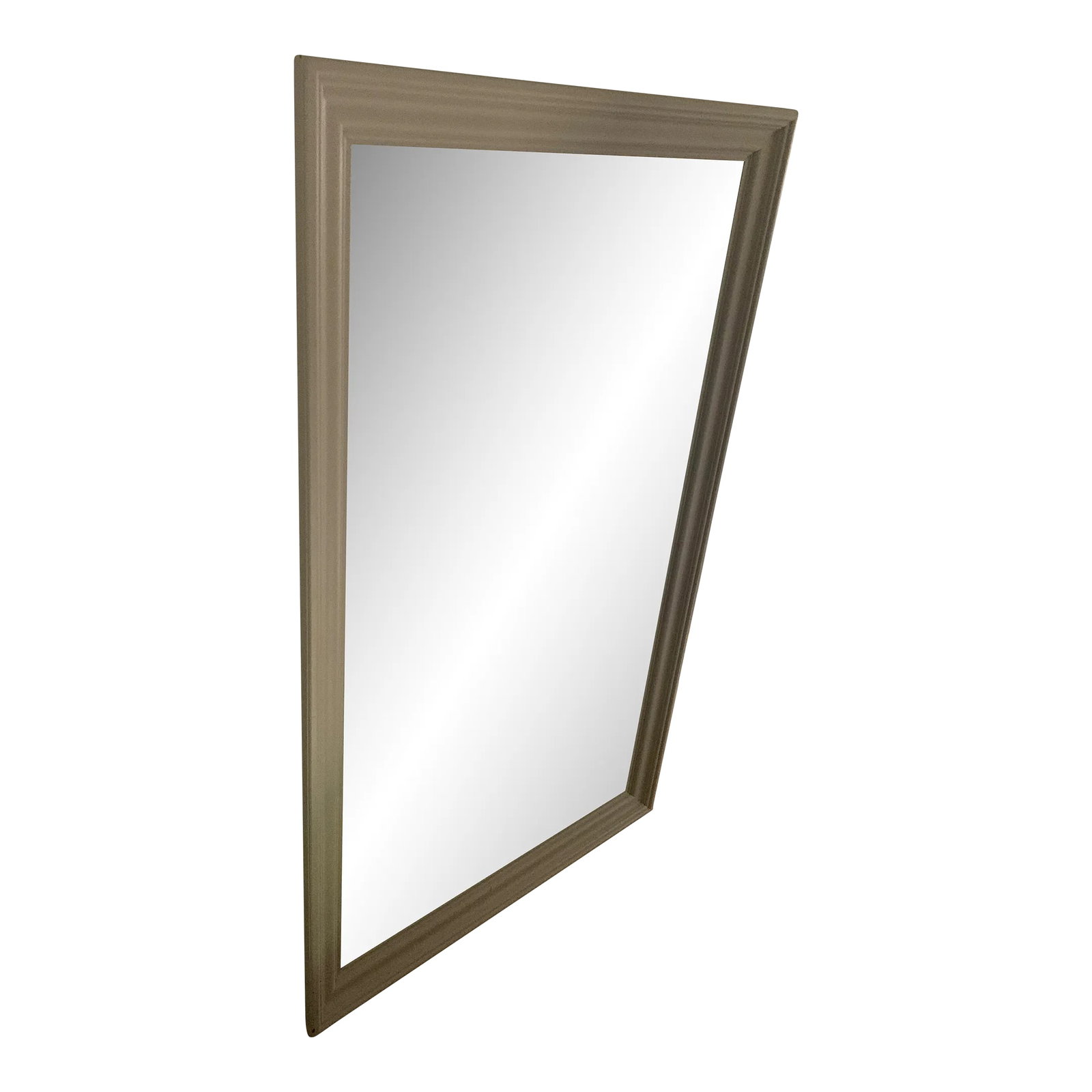 1960s Ethan Allen Oversized Wood Frame Mirror: Solid, oversized mirror with soft gray painted wooden frame. Vintage from Ethan Allen Furniture. Has original markings on back with original hanging hardware. Perfect size for over a large dresser or