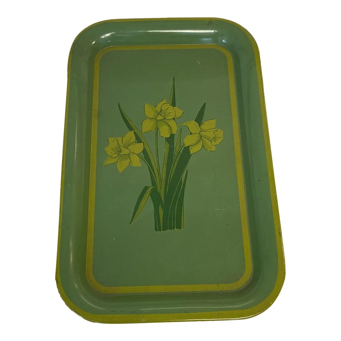 Vintage 1960s Small Painted Metal Tray With Daffodils Design: Vintage 1960s Painted Metal Tray With Daffodils Design, we purchased the tray over 15 yards ago for a photo shoot. 18" L x 9" W x 1" D Condition: Alterations: Original Condition Unaltered
