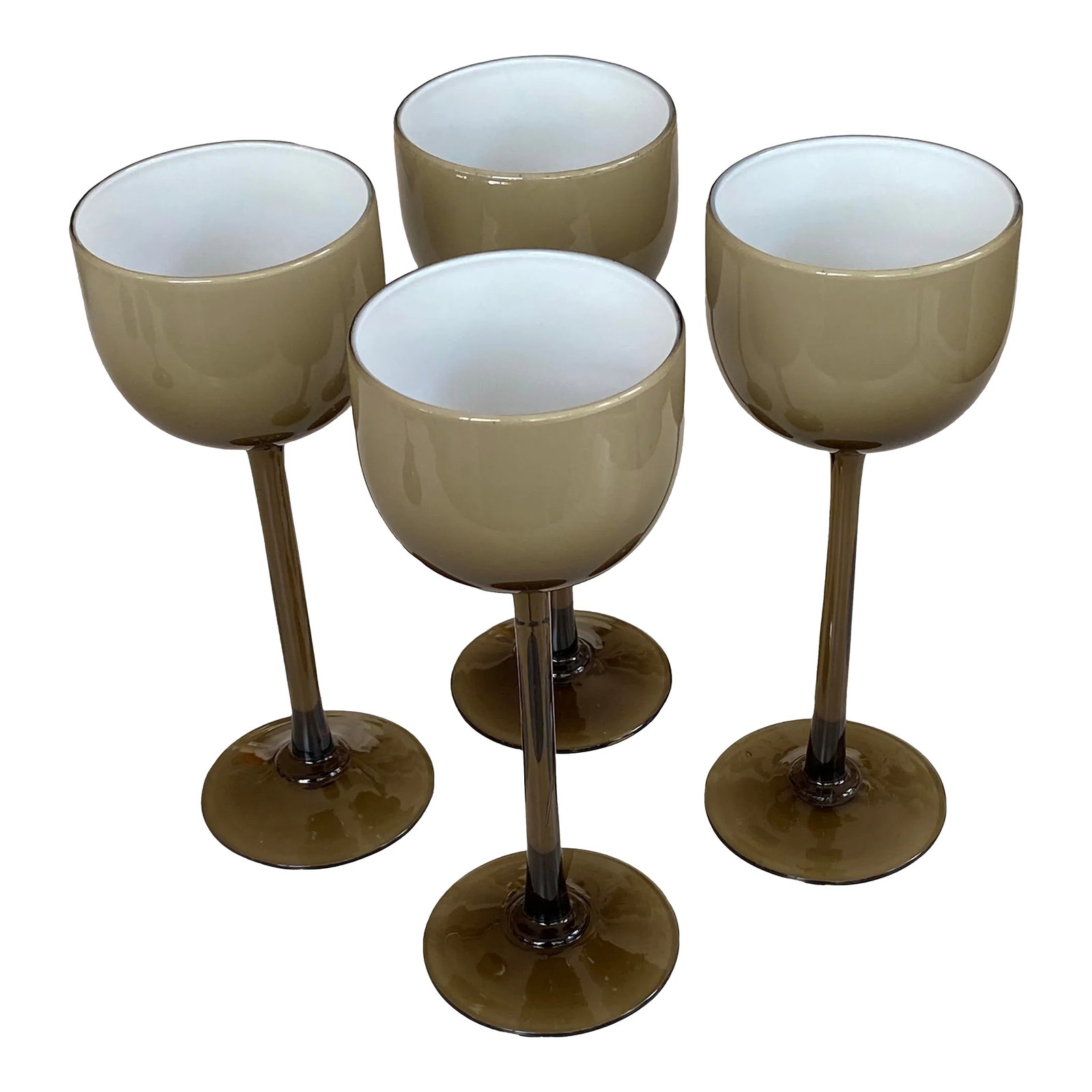 Carlo Moretti Smokey Taupe Tall Wine Glasses - Set of 4: Carlo Moretti 1960s Italian cased stemware - Set of 4 wine glasses in a smokey taupe color with a contrasting crisp white interior. The glasses measure 7.75 x 3. One of the glasses has a barely