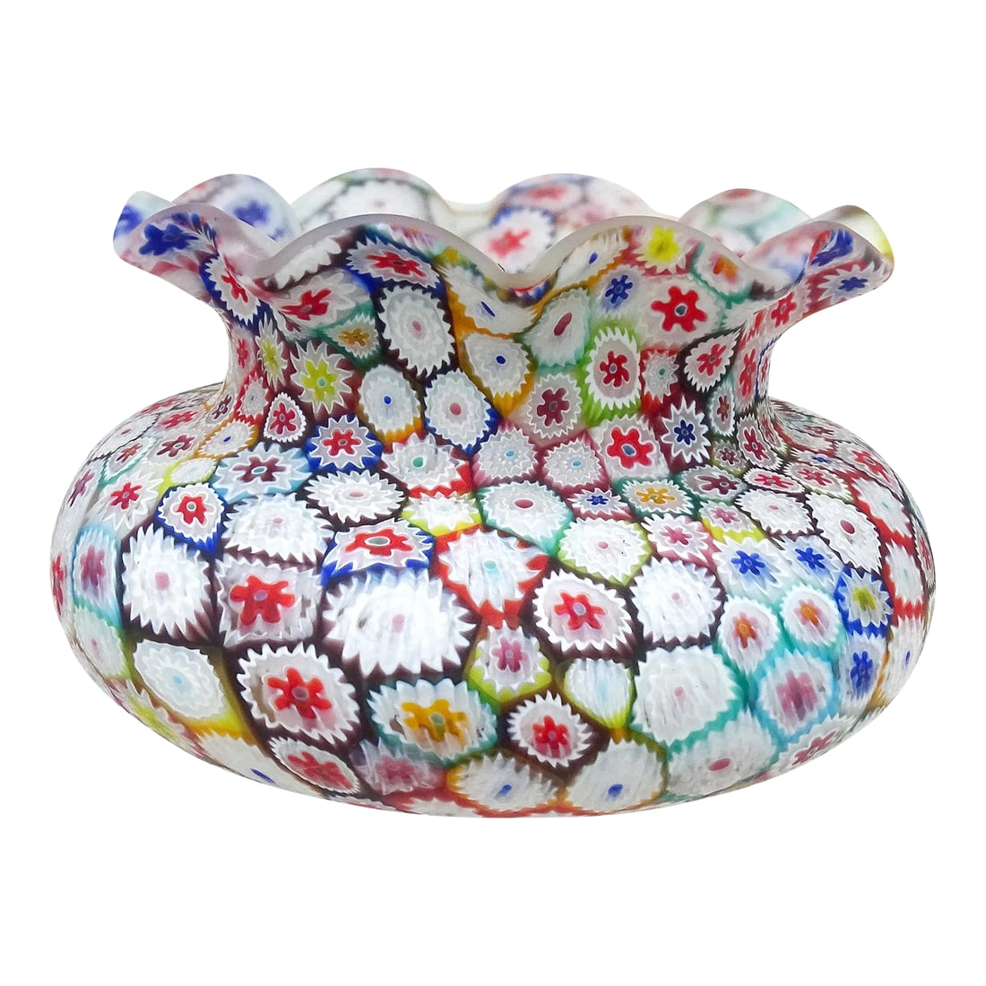 Murano Fratelli Toso Vintage Millefiori Flower Mosaic Rainbow Colors Italian Art Glass Ruffle Rim Va: Beautiful vintage Murano hand blown rainbow colors millefiori flower mosaic Italian art glass ruffled rim short vase. The piece is documented to the Fratelli Toso company. Many pieces like it have