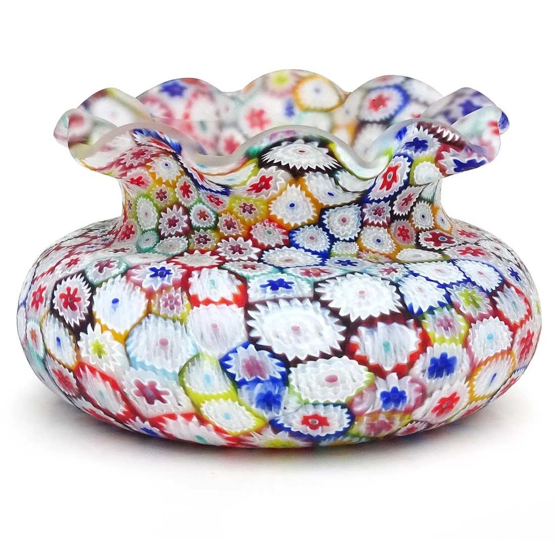 Murano Fratelli Toso Vintage Millefiori Flower Mosaic Rainbow Colors Italian Art Glass Ruffle Rim Va - 2