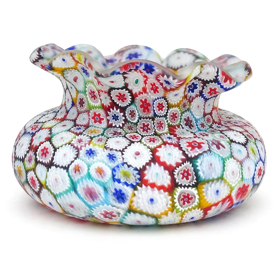 Murano Fratelli Toso Vintage Millefiori Flower Mosaic Rainbow Colors Italian Art Glass Ruffle Rim Va - 3