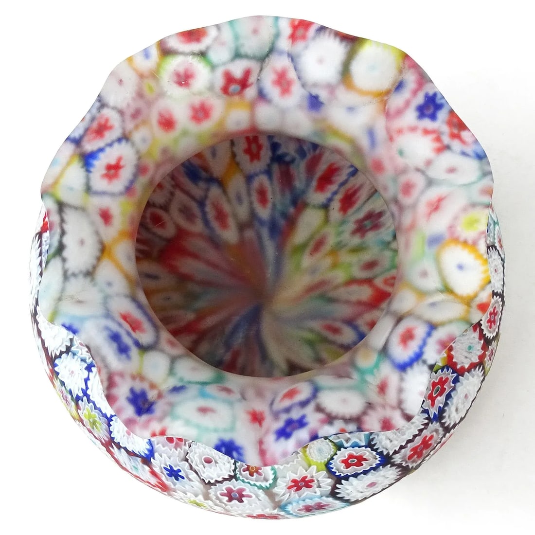 Murano Fratelli Toso Vintage Millefiori Flower Mosaic Rainbow Colors Italian Art Glass Ruffle Rim Va - 7