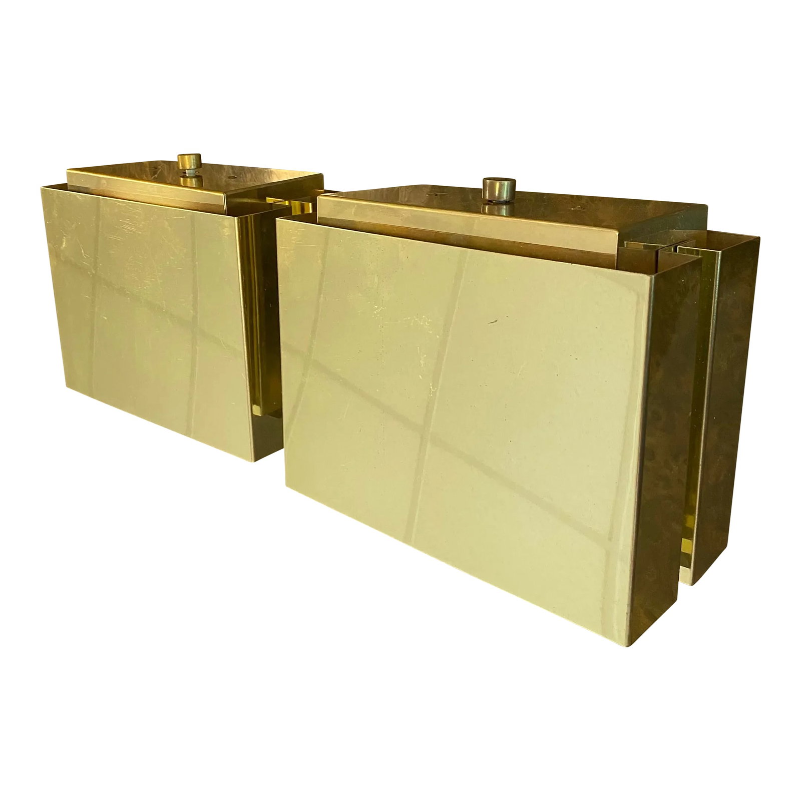 1970s Modernist Brass Sconce Pair: Wall mounted and hard wired with halogen bulbs, thick dimmer knobs on top. Condition: Alterations: Original Condition Unaltered Imperfections: Some Imperfections Condition Notes: Minor surface wear.