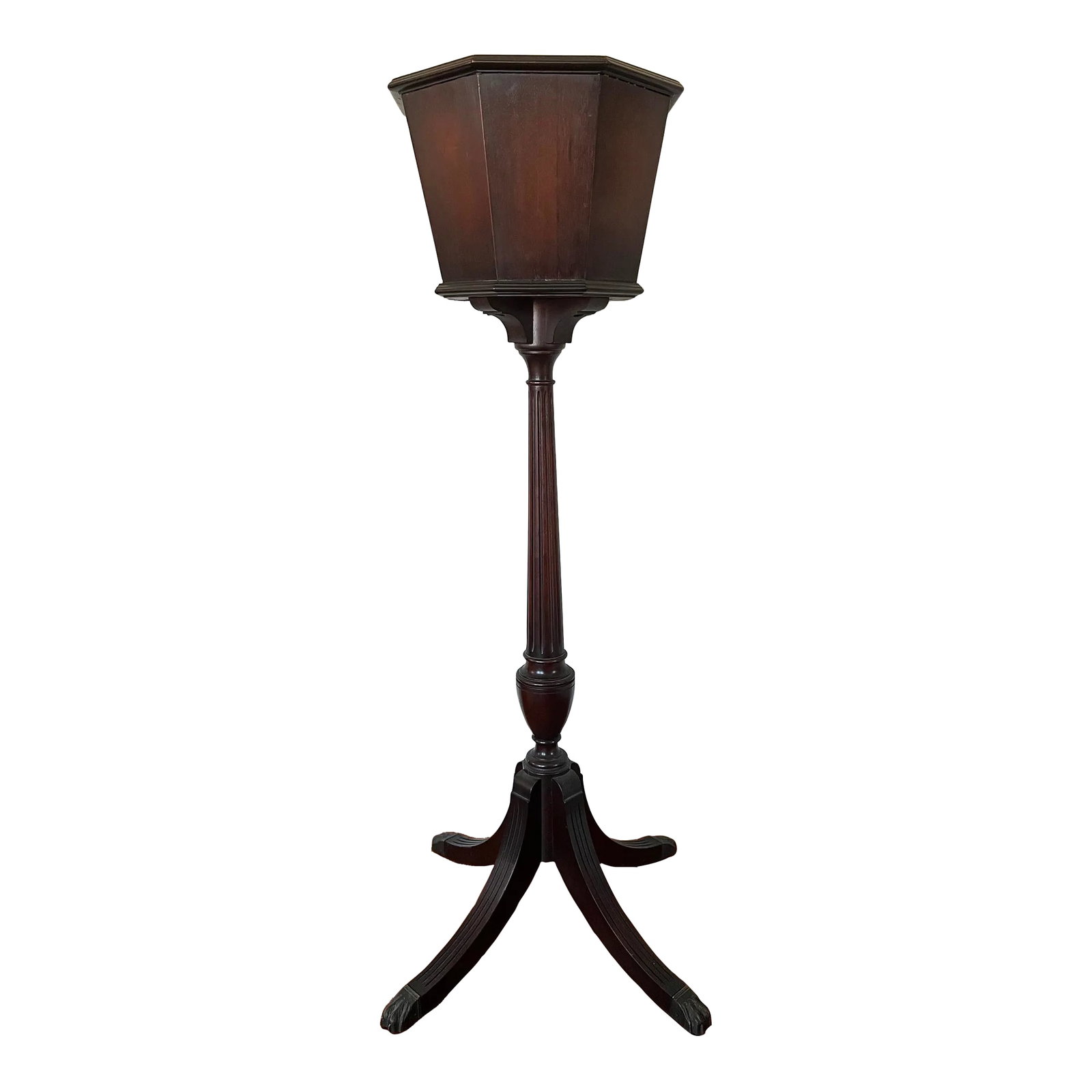 Vintage Mahogany Planter on Stand, True Grand Rapids Imperial: Rich mahogany lined planter on brass-footed stand, in a classic design from True Grand Rapids Imperial Cabinet Maker. Removable coated aluminum liner with watering hole in one corner. NOTE: liner is