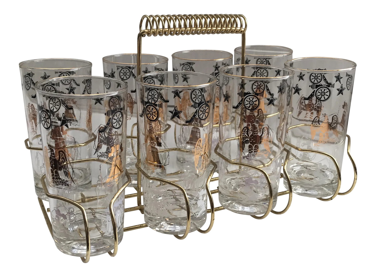 Vintage Civil War Bar Glasses: These vintage Colonial/Civil War themed glasses, with cannon and stars in black, eagles and Liberty Bells in gold and drums and Paul Reveres in white. Excellent condition and carrier. The glasses are