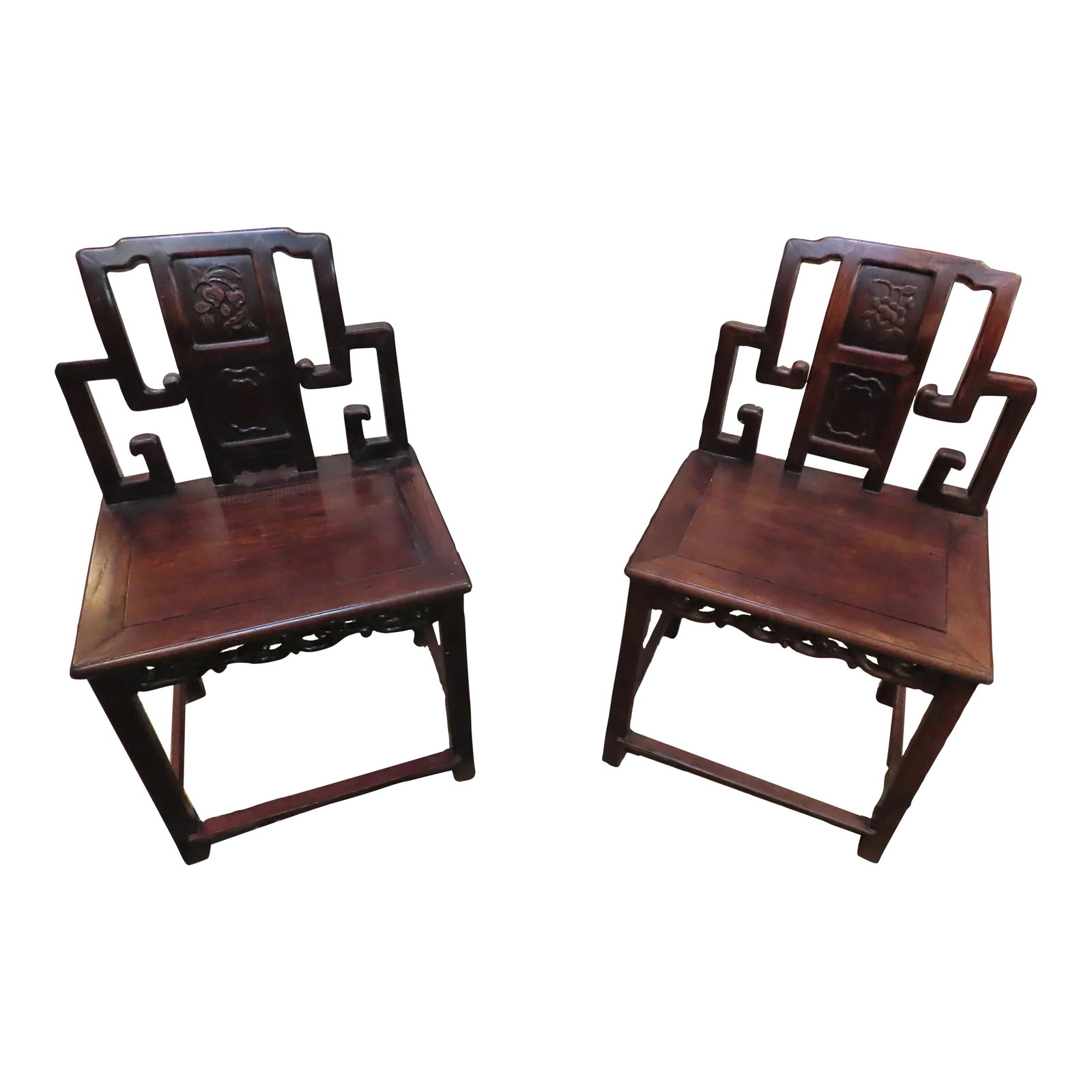 Pair of Mid-Century Rosewood Chinese Side Chairs: Pair of Mid-Century Rosewood Chinese Side Chairs - Rosewood - Intricate Carvings on Seat Back and Base of Legs of One Chair - Wear Consistent With Age - Legs on One Chair May Have Been Replaced -