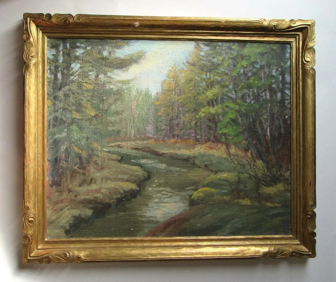 Maine Forest Landscape With Stream Painting by George Louis Morris American Impressionist Frame - 2