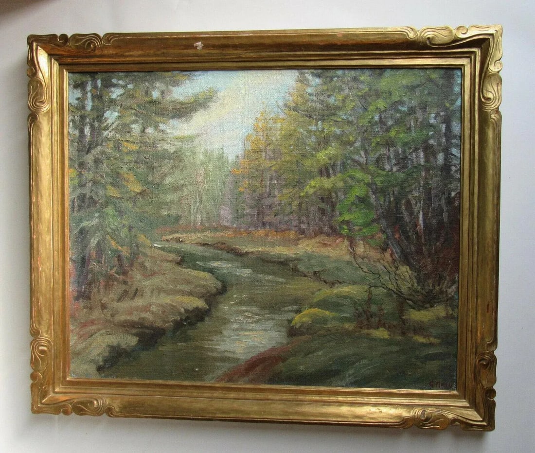 Maine Forest Landscape With Stream Painting by George Louis Morris American Impressionist Frame - 3