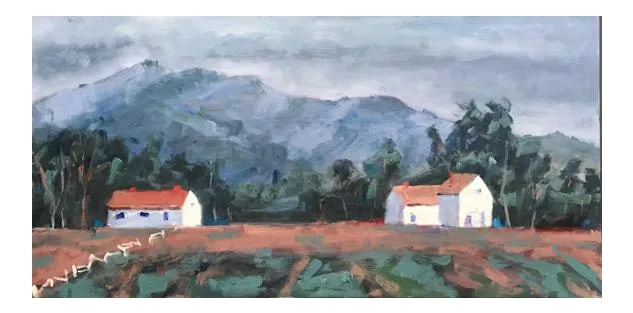 Vineyard Vines, Modern Impressionist Plein-Air Landscape: Green Valley - Suisun Valley Vineyard Original oil painting by L. Haas, 12 x 24 in unframed panel, signed. A lush, atmospheric plein air impressionist landscape painted under an arbor at a Fairfield