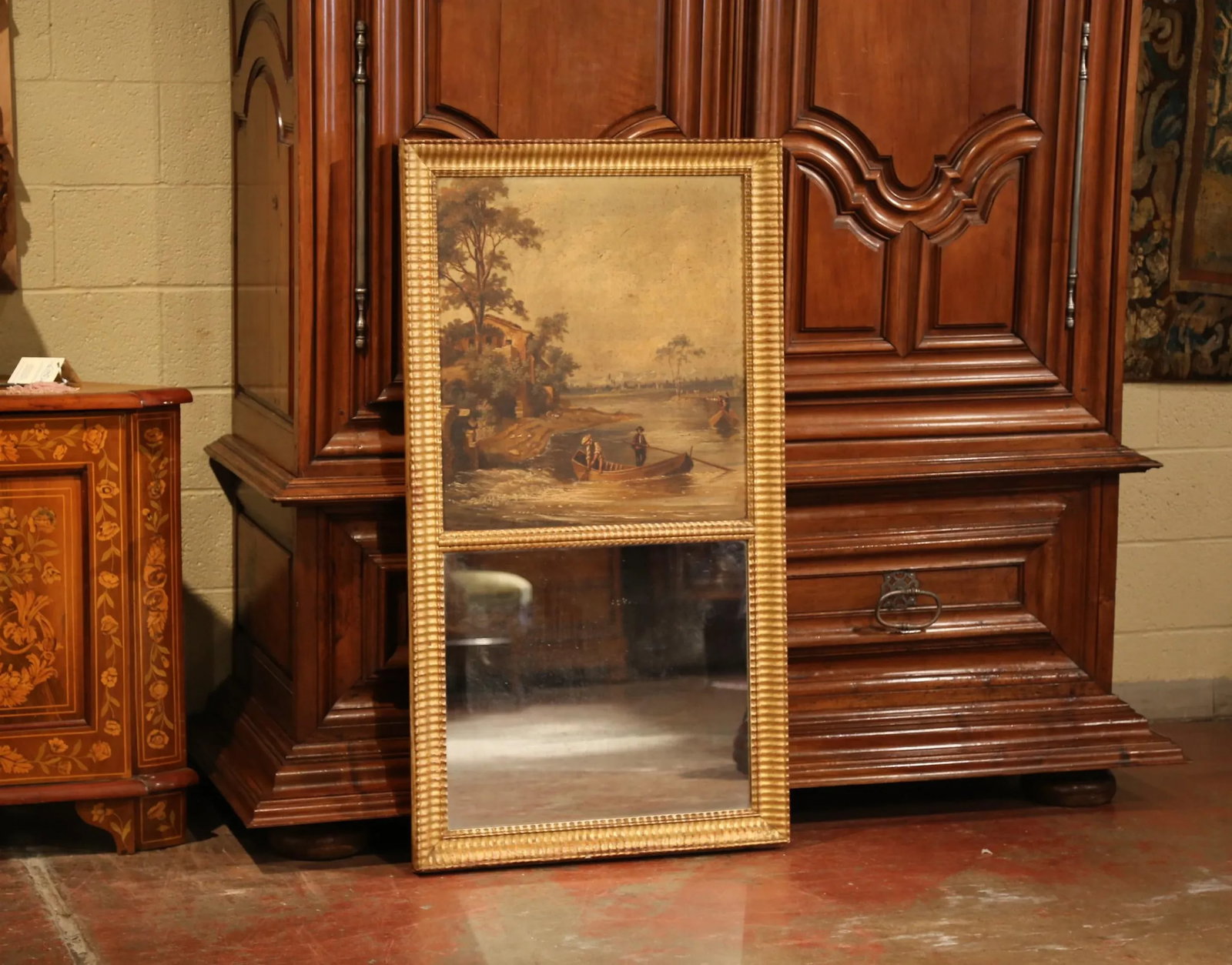 19th Century French Hand-Painted Trumeau Mirror in Giltwood Frame - 2