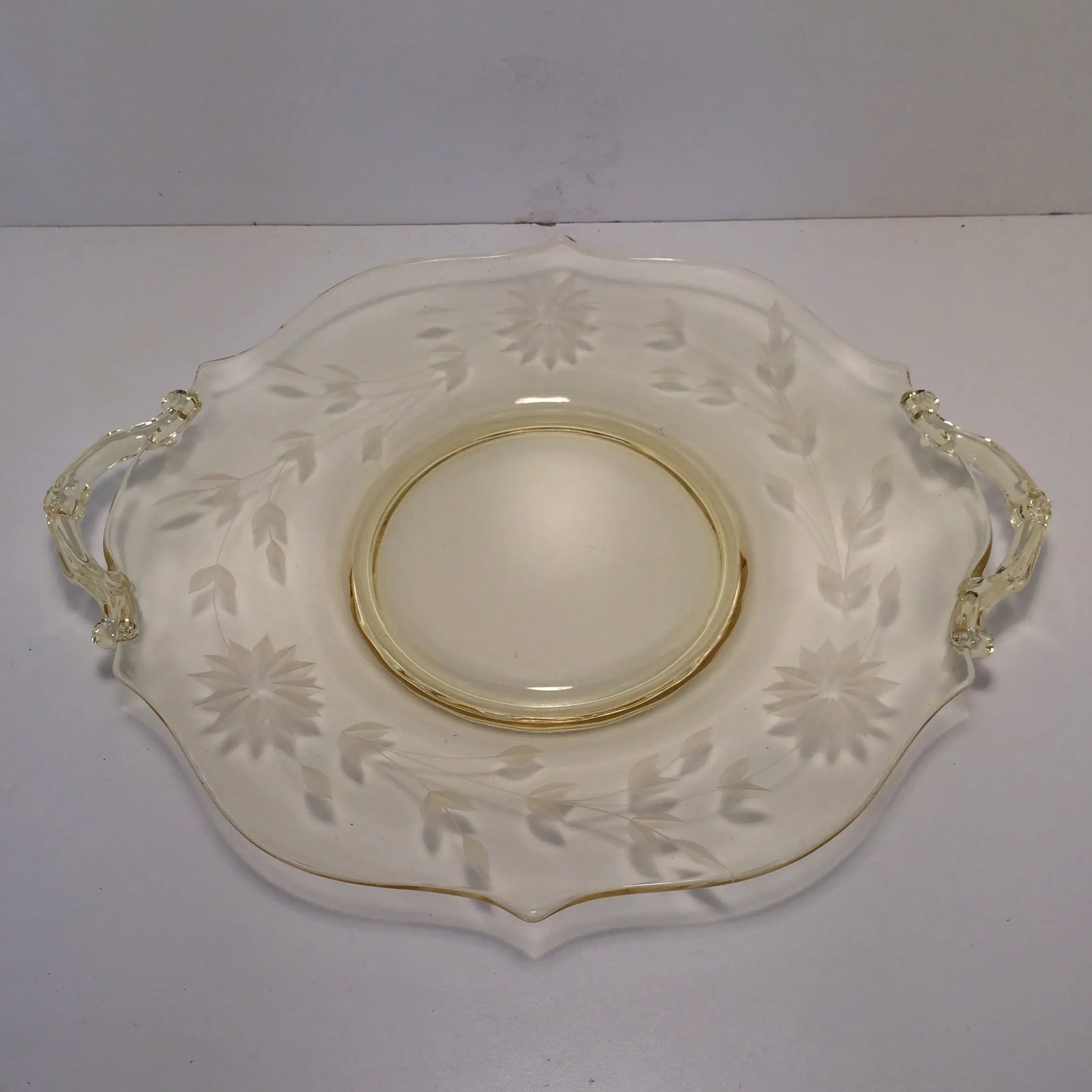Yellow Floral Etched Lancaster Platter 1930's - 12