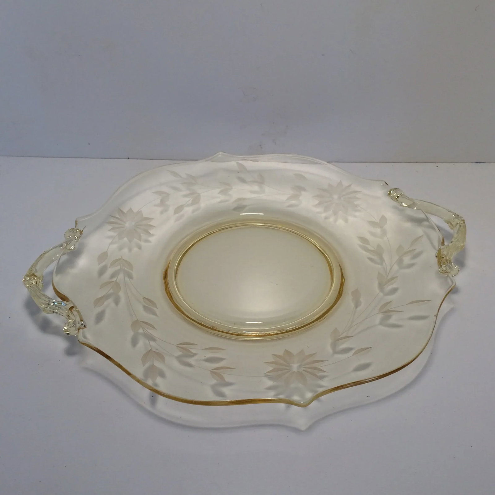 Yellow Floral Etched Lancaster Platter 1930's - 4