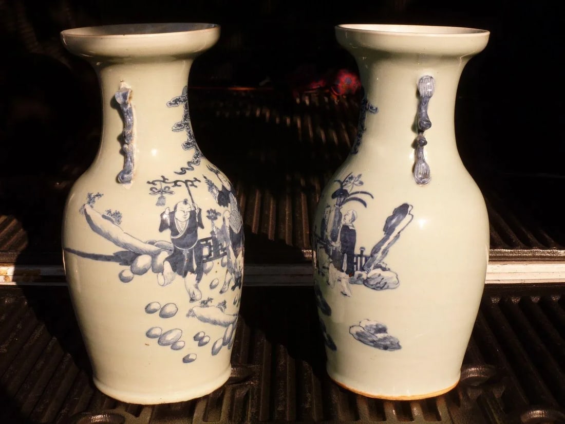 19th Century Qing Chinese Blue & White on Celadon Ground Vases - a Pair - 7