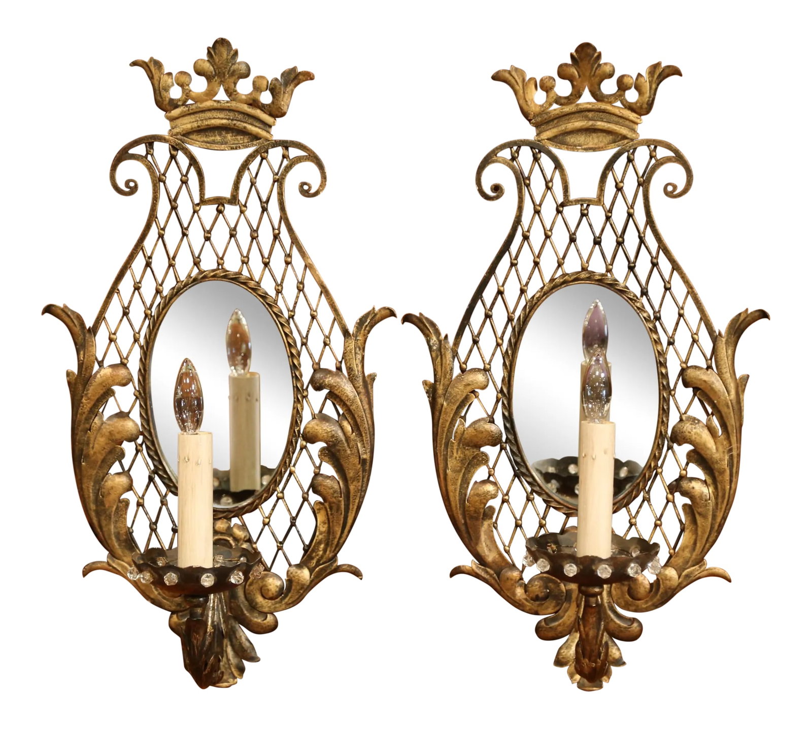 Early 20th Century French Iron Wall Sconces With Crystal and Mirror - a Pair (1 of 11)