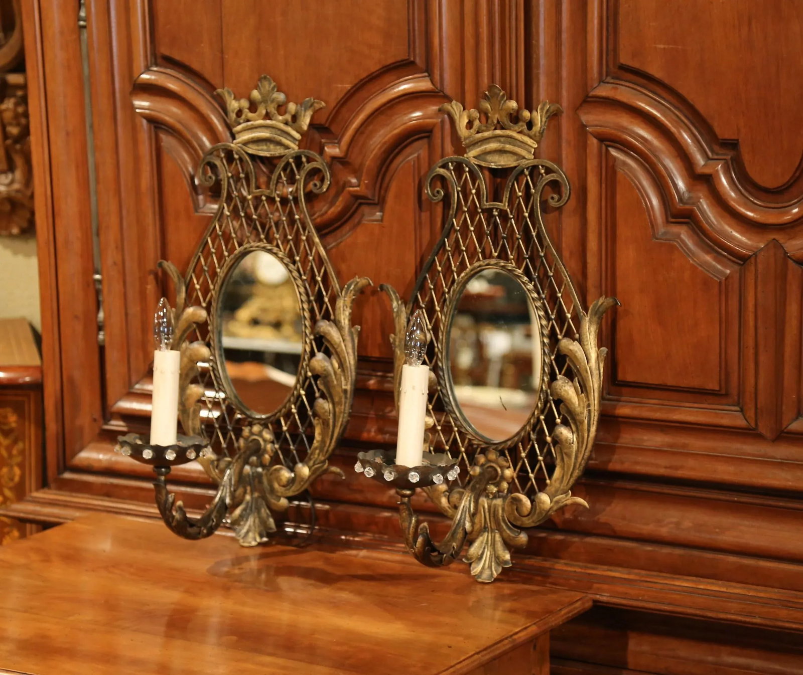 Early 20th Century French Iron Wall Sconces With Crystal and Mirror - a Pair - 2