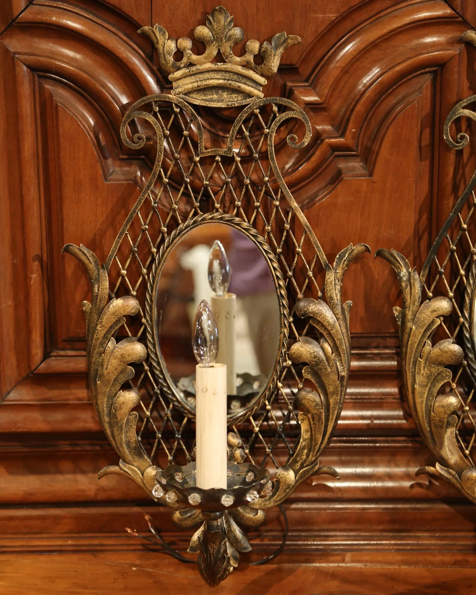 Early 20th Century French Iron Wall Sconces With Crystal and Mirror - a Pair - 3